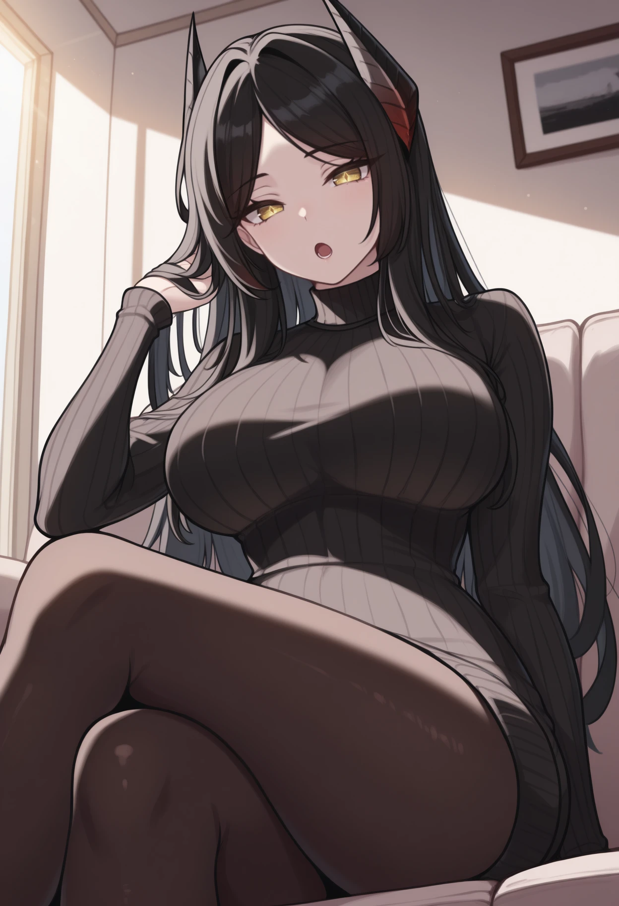 masterpiece, best quality, solo, 1girl, in3sdef, :o, lower teeth only, looking at viewer, sitting, on couch, hand in own hair, crossed legs, long hair, black hair, parted bangs, demon horns, yellow eyes, cross-shaped pupils, black sweater, sweater dress, ribbed sweater, turtleneck, black pantyhose, large breasts, indoors, living room, sunlight
<segment:yolo-Anzhc Face seg 640 v2 y8n.pt,0.4,0.5//cid=1>