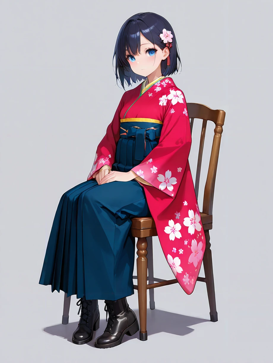 masterpiece,amazing quality,best quality,ultra-detailed,8K,illustration,CG,shiny hair,clear skin,ultra-detailed-eyes,simple background,cute girl, eyelashes <lora:furisode hakama_illustrious_V1.0:0.7> furisode, hakama, floral print, hair ornament, boots ,sitting on chair,cherry blossom