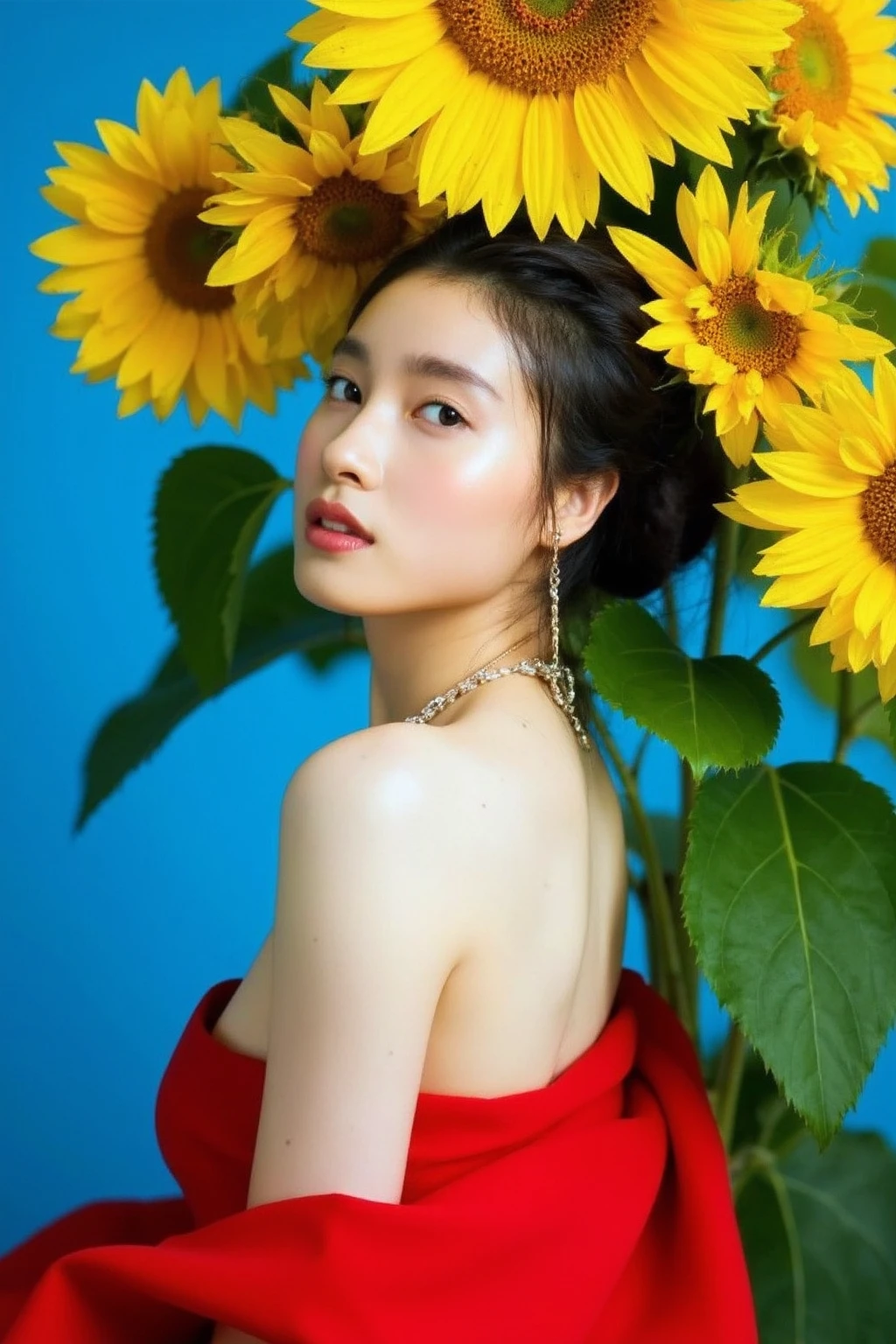 The image showcases a young woman wearing necklace and earrings with pale skin and makeup. She is positioned against a strikingly vibrant blue background, which is filled with large sunflowers. The flowers dominate the composition, adding a dramatic and intense contrast to her skin tone and overall appearance.
The woman is dressed in red gown, which drapes softly over her shoulders, leaving her upper back and one shoulder exposed. Her expression is calm and slightly mysterious, with her gaze directed slightly to the side, away from the camera. The large flowers, some of which overlap with her figure, create a dreamy and surreal atmosphere, as if she is blending into or emerging from the floral background., <lora:flux_realism_lora:1>, <lora:makinaflux_tsuchiyatao_v1.0:1>