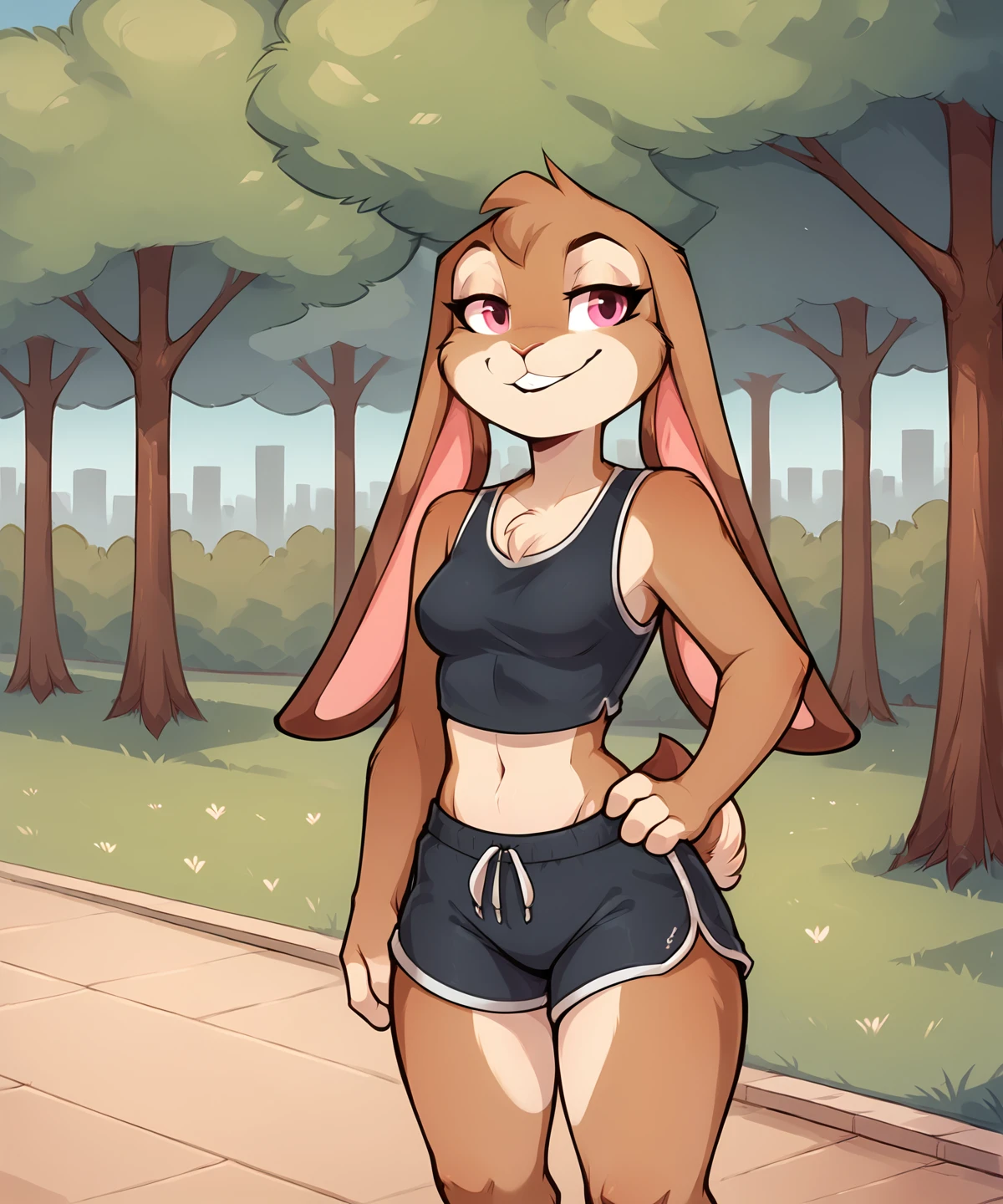 score_9, score_8_up, score_7_up,score_6_up,score_5_up, source_furry,
BREAK
solo, furry female anthro, medium breasts, (seductive, smug), tank top, midriff, dolphin shorts, (outdoors, park), upper body shot, hand on hip
BREAK
<lora:Hazel-Twokinds-SDXL-AnonTK-V5:0.8>, hazel-twokinds, rabbit tail, pink eyes, (shortstack:1.2), small female, 3 toes, 4 fingers
