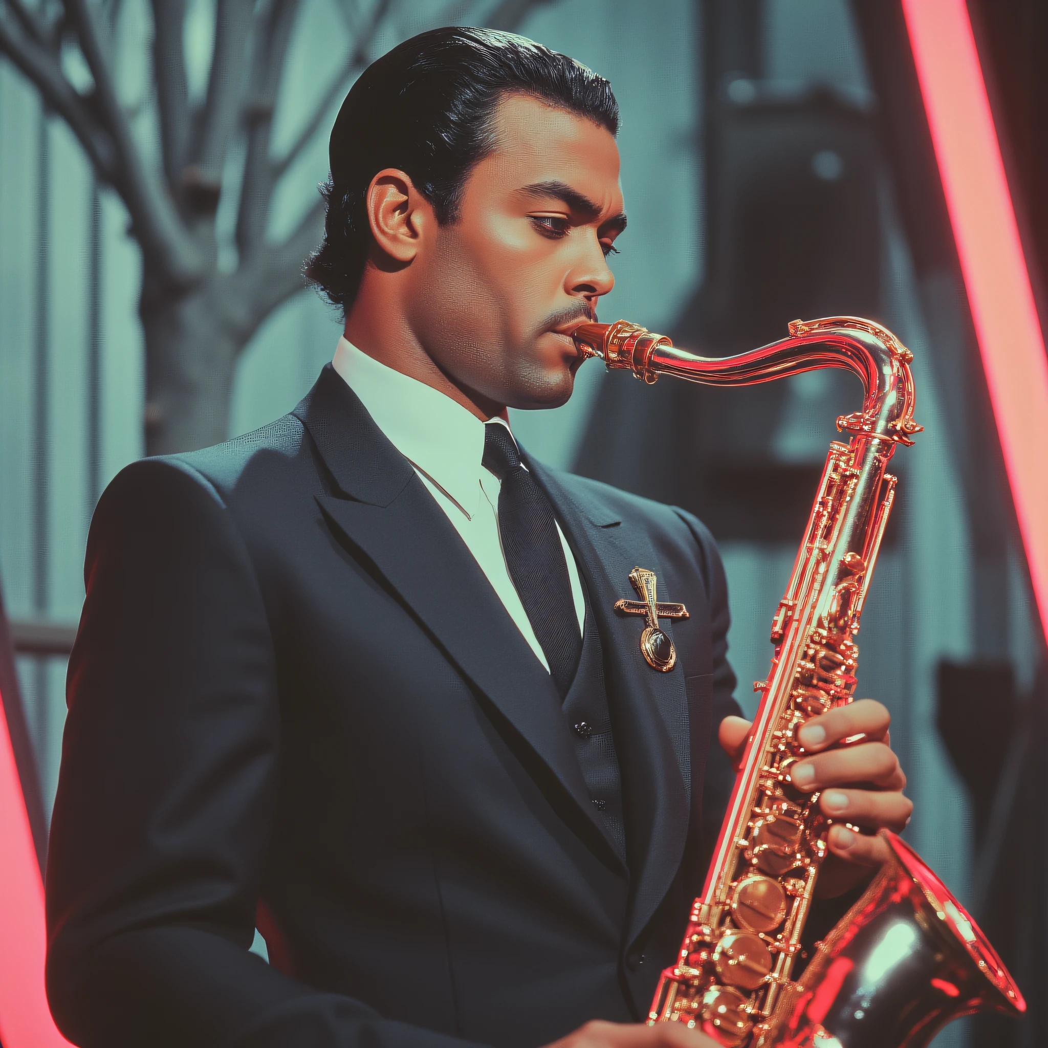 ArsMovieStill, movie still from a technicolor 1940s cyberpunk film, The image shows a man in a suit playing a saxophone in front of a wall with a tree in the background., 1boy, instrument, male focus, solo, black hair, playing instrument, music, musical note, formal, dark skin