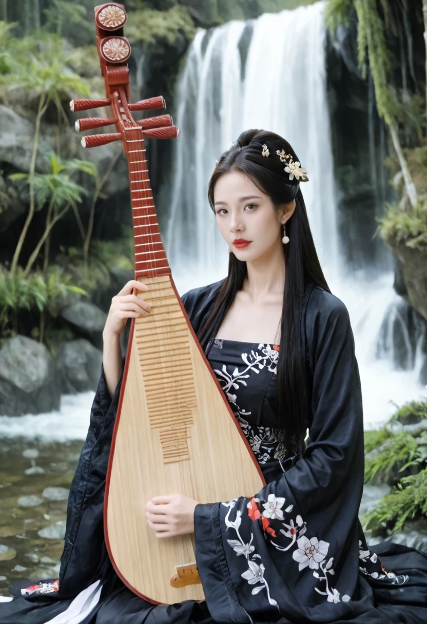 a asian woman wearing (hanfu:1.2) holding pipa and playing pipa, pipa,solo, (chinese clothes:1.2),black hair, pale skin, hair ornament, hair flower, flower, sitting, looking at viewer, long hair, long sleeves, black dress,
bare shoulders, plant, lips,hands,fingers
,,<lora:pipa-pony:1>
sitting ,makeup,red lips,forest background,bamboo, outdoors, waterfalls, streams, stones,moss