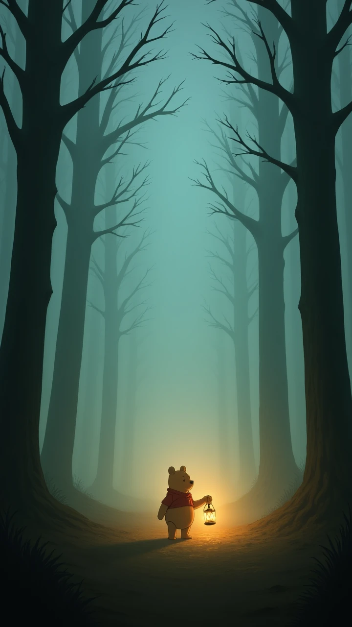 aidmaIllustriousStyle,  A digital illustration featuring Winnie the Pooh, standing alone in a foggy, lifeless forest. The tall, barren trees surround him ominously. Pooh holds a single lantern, casting a dim golden light onto the ground, creating long, distorted shadows. His usually cheerful face looks introspective, almost solemn, as he gazes into the misty void ahead.