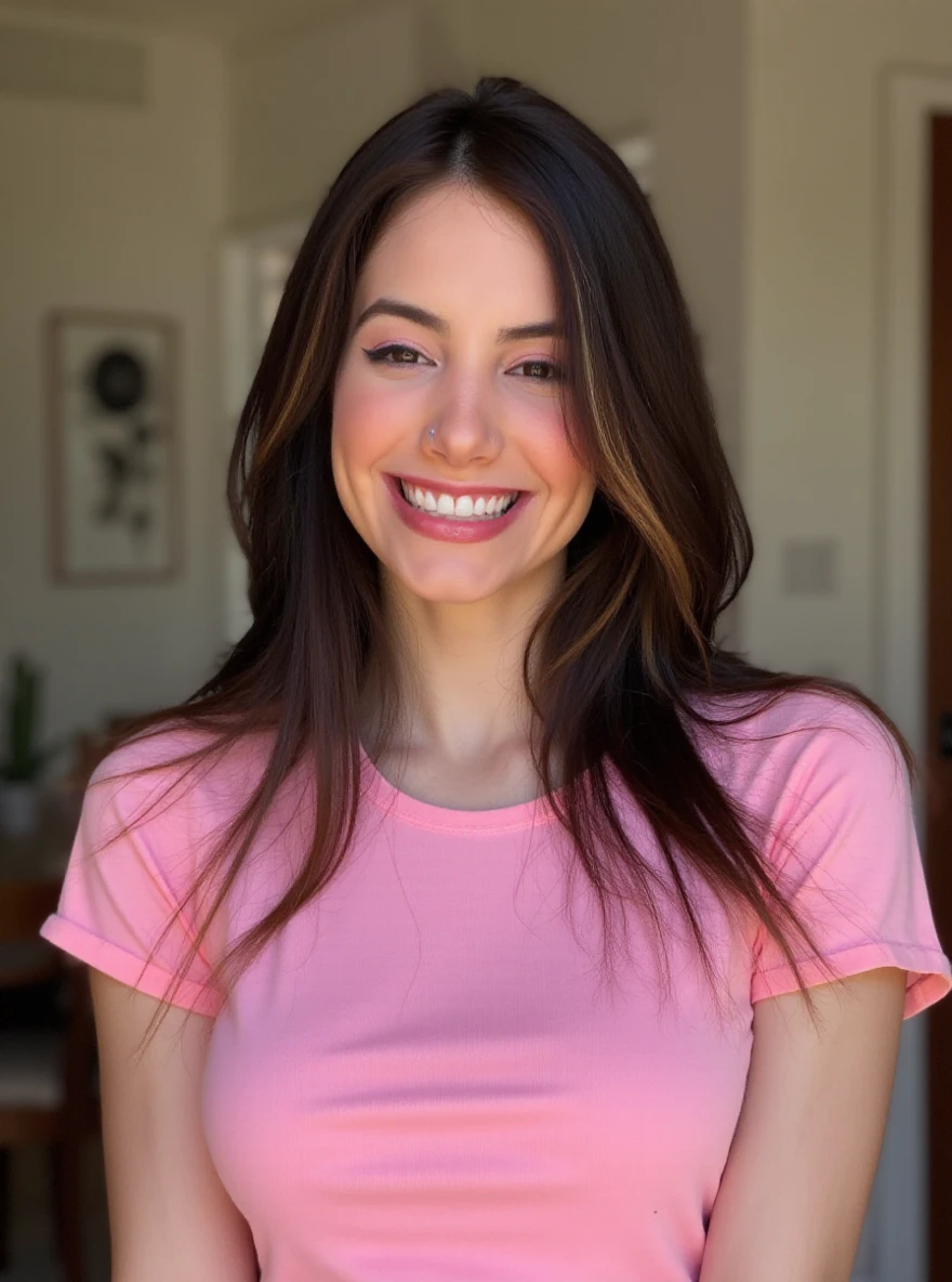 RAW photo of c4r0l0lt4wn4 woman, wearing a pink tshirt, in a living room, detailed face, natural lighting, highly detailed, absurdres, smile happy

