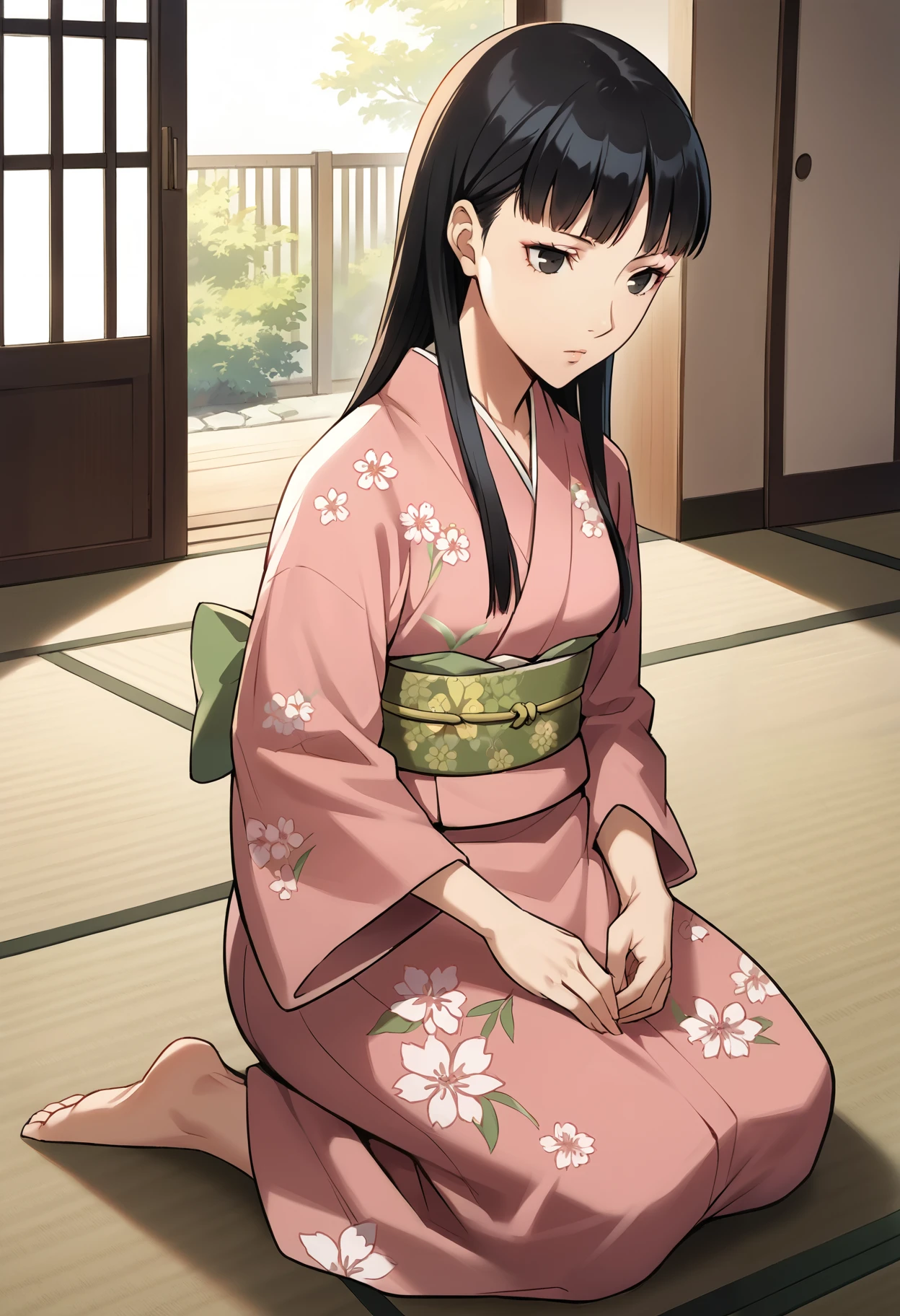 score_9, score_8_up, score_7_up, (source_anime), 1 girl, solo,
p3amagi, yukikokimono, 
Amagi Yukiko, expressionless, kneeling, japanese clothes, pink kimono, floral print, green sash, obi,
indoors, tatami, masterpiece, best quality, ultra detailed, absurdres, very aesthetic