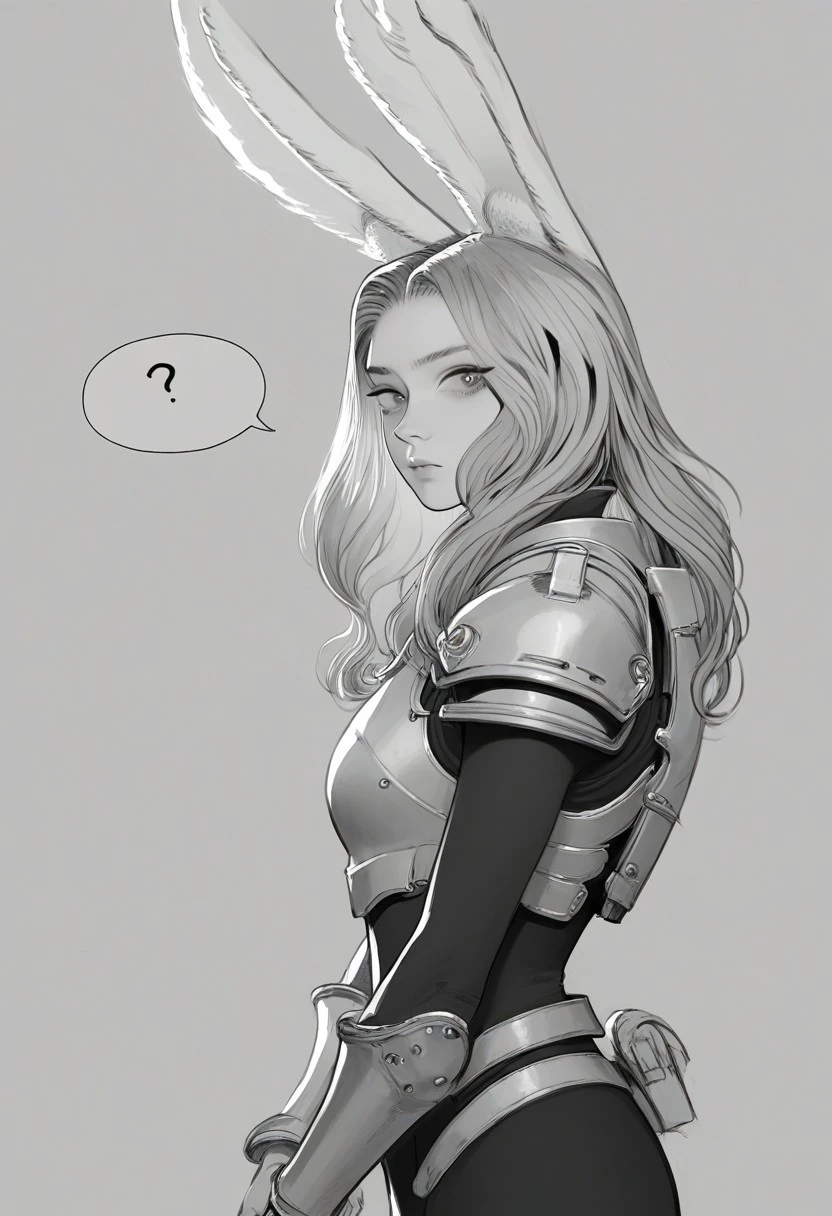 score_9, score_8_up, score_7_up, score_6_up, score_5_up, score_4_up, Lineart, monochrome, greyscale,bodysuit, looking at viewer, solo, grey background, long hair, spoken question mark, simple background, short hair, gloves, rabbit ears, from side, rabbit girl, armor, ..., holding,