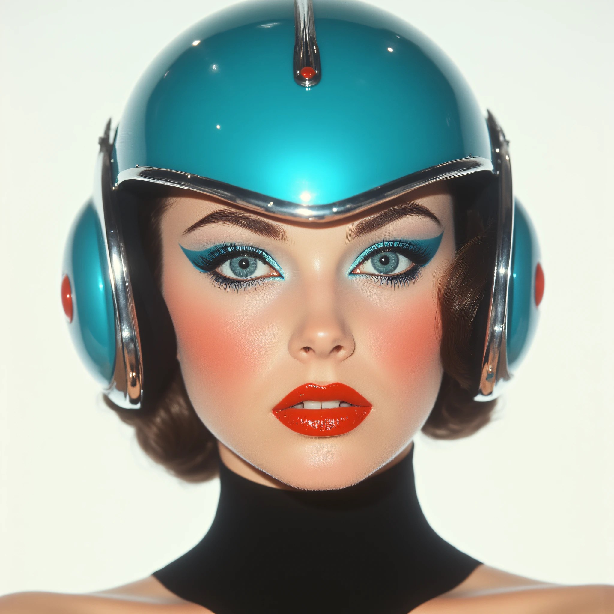 ArsMovieStill, movie still from a technicolor 1940s cyberpunk film, The image shows a woman wearing a black dress and a blue helmet with a white background. Her face is clearly visible with her eyes looking directly at the viewer., 1girl, solo, makeup, eyeshadow, blue eyes, looking at viewer, lipstick, portrait, bare shoulders, helmet