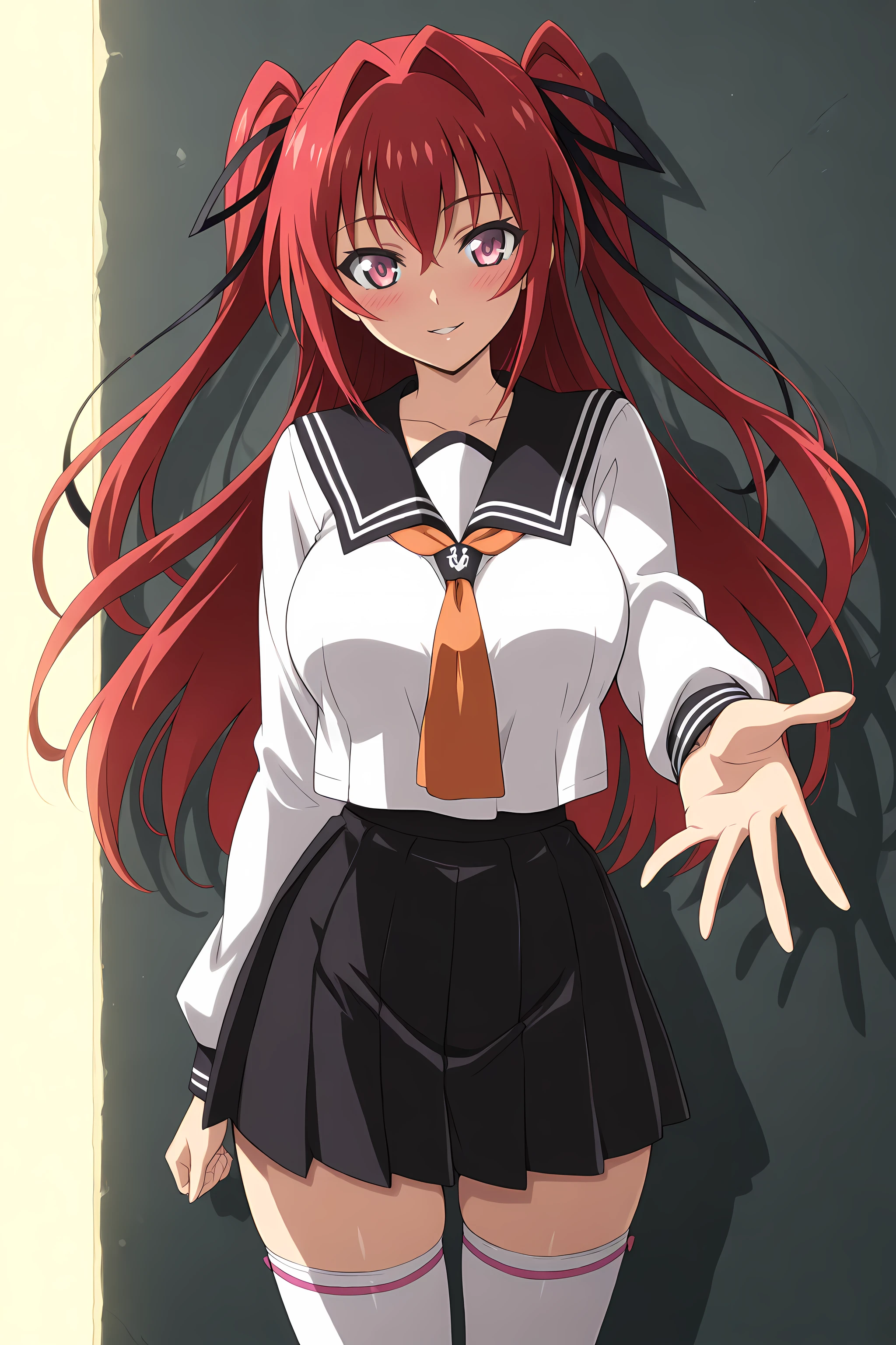 naruse_mio, 1girl, solo, long hair, hair ribbon, red hair, ribbon, school uniform, blush, dark alleyway background, darker lighting, outstretched arm,  black ribbon, two side up, hair intakes, leaning on the wall, looking at viewer, long sleeves, skirt, sailor collar, bangs, closed mouth, serafuku, shirt, floating hair, orange necktie, black skirt, zettai ryouiki,  pleated skirt, white thighhigh, cowboy shot,  anime coloring, seductive smile, parted lip <lora:Naruse_Mio:1>, (masterpiece),(best quality),(ultra-detailed),(best illustration),(best shadow),(absurdres),(detailed background),(very aesthetic),