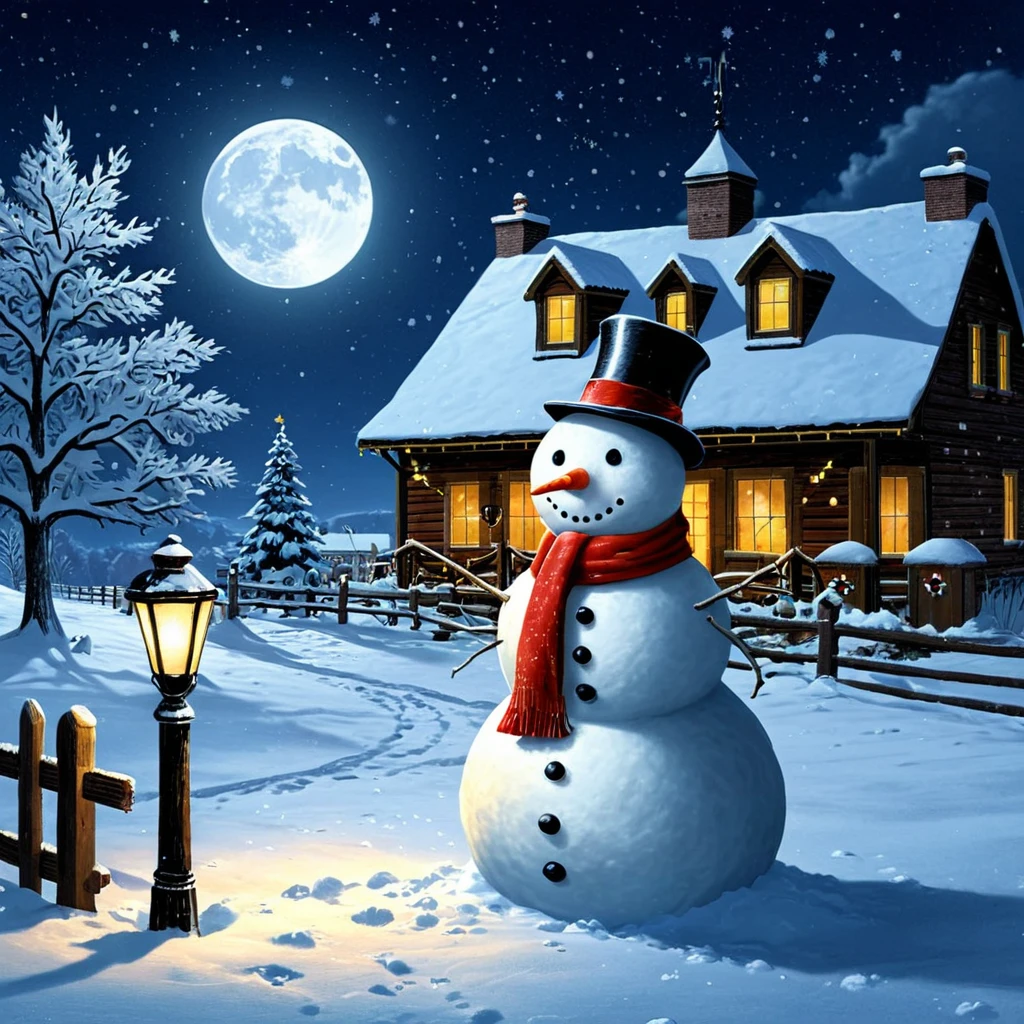 Classicism Art,  <lora:vintage Christmas xl v1:0.9>
In vintage themed Christmas style a snowman is standing in front of a snowy village, 1960's cinematic style, perfect image, perfect body, perfect anatomy, sharp image, detailed image, Kodak film style, high quality photography, cinematic film color style, vintage themed style, Christmas style, vintage Christmas style, hat, outdoors, sky, tree, no humans, window, night, building, star (sky), night sky, christmas, scenery, snow, snowing, house, winter, lamppost, snowman, chimney, cloud, moon, lantern, fence, scarf, christmas tree, top hat, sack, santa claus, starry sky, town, cartoon style, night, inspired by Roman and Greek culture, clarity, harmonious, classicism art