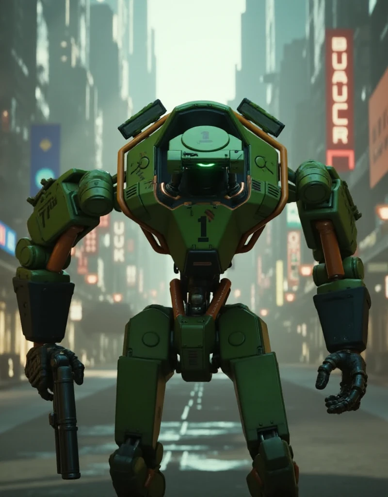 <lora:X4N:0.9> x4n,  a green robot, full body, holds guns  in a cyberpunk city