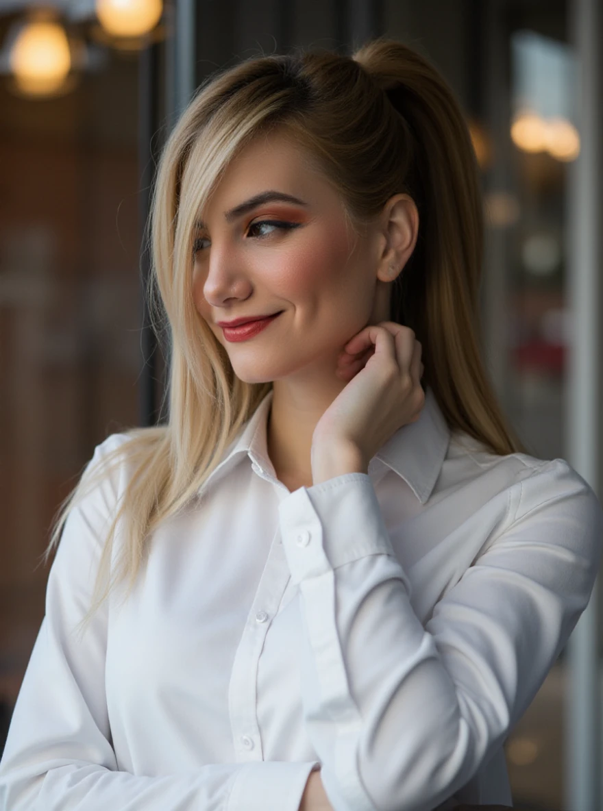 portrait of c4r0l0lt4wn4 woman, posing on a office, serene and warm, natural lighting, soft focus, high-resolution, elegant and introspective atmosphere, quiet sophistication, wearing a turtleneck yarn blouse, slight smile

