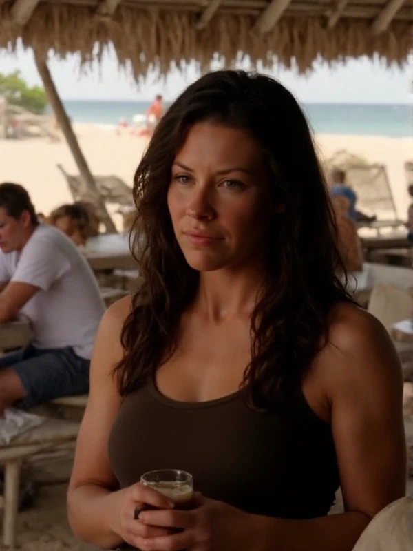 <lora:Kate Austen:0.9> kate austen, a woman with long hair is holding a beer in an island beach pub