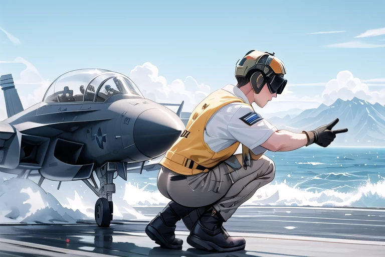 ((male focus)), ((helmet)), ((goggles)), aircraft carrier, catapult officer, pointing forward, 1boy, one knee, kneeling, pants, vest, gloves, short hair, leaning forward, ship deck, control tower, from side, cloudy sky, sky, scenery, wide shot, no humans, motion blur, simple background, <lora:girllikeaircraftcarrier_male:0.7>