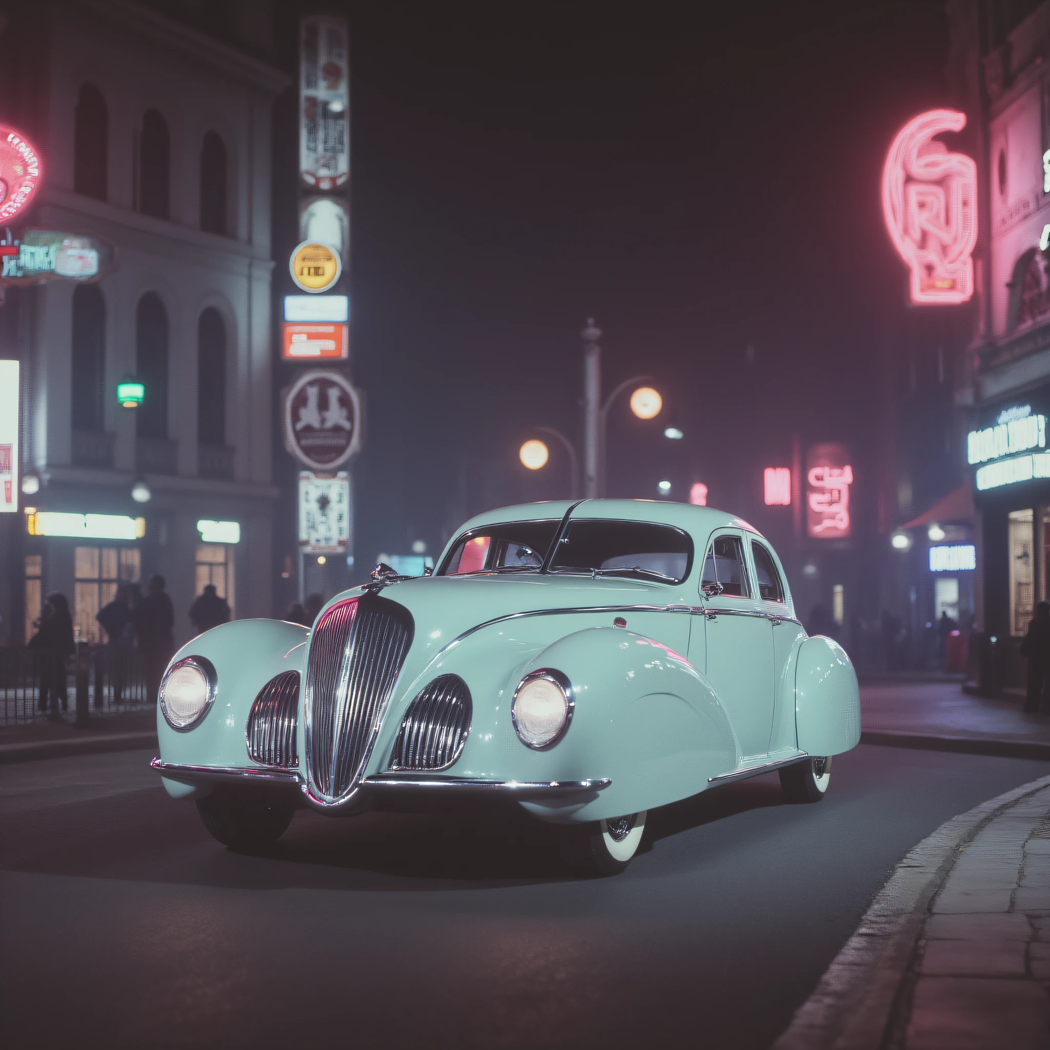 ArsMovieStill, movie still from a technicolor 1940s cyberpunk film, The image shows a white car driving down a street at night surrounded by buildings with windows light poles and name boards., car, ground vehicle, vehicle focus, motor vehicle, road, no humans, night, neon lights, outdoors, street