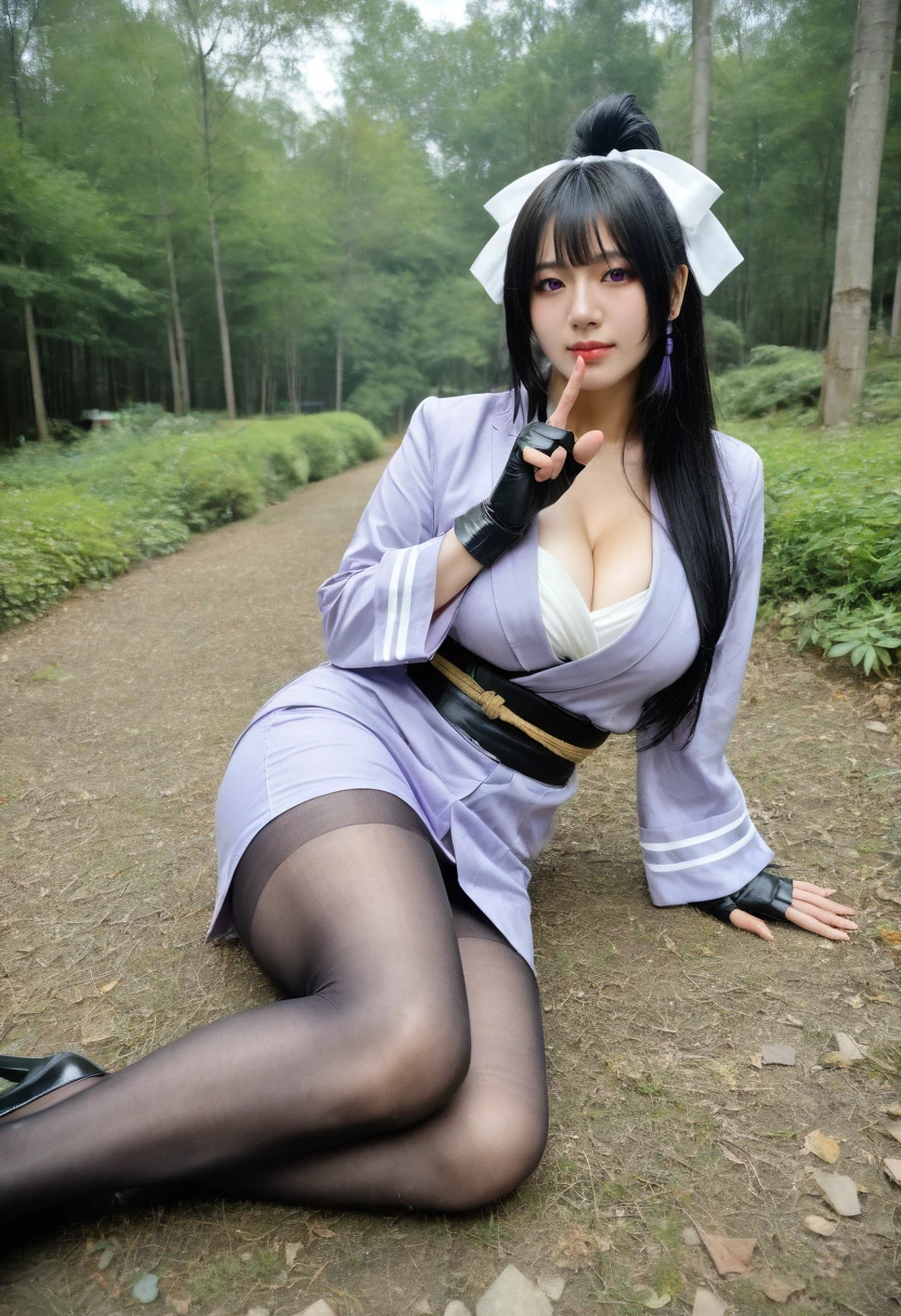 realistic,masterpiece,best quality,absurdres,highres,DSLR,film grain,professional photography,4k photo,
cosplay,cosplay photo,solo,solo focus, photography shot with Canon EOS 5D Mark IV ,asian woman,japanese Idol
,1girl,black hair,finger to mouth,the king of fighters,on side,ribbon,thighs,purple eyes,cleavage,looking at viewer,gloves,large breasts,fingerless gloves,,thick thighs,long hair,legs,pantyhose,breasts,ainu clothes,ass,solo,lying,highres,hair ribbon,
(skin texture),outdoors,forest
<lora:cosplay photo-noob-V1:0.8>,
<lora:noob-skin texture-V1.1:0.8>