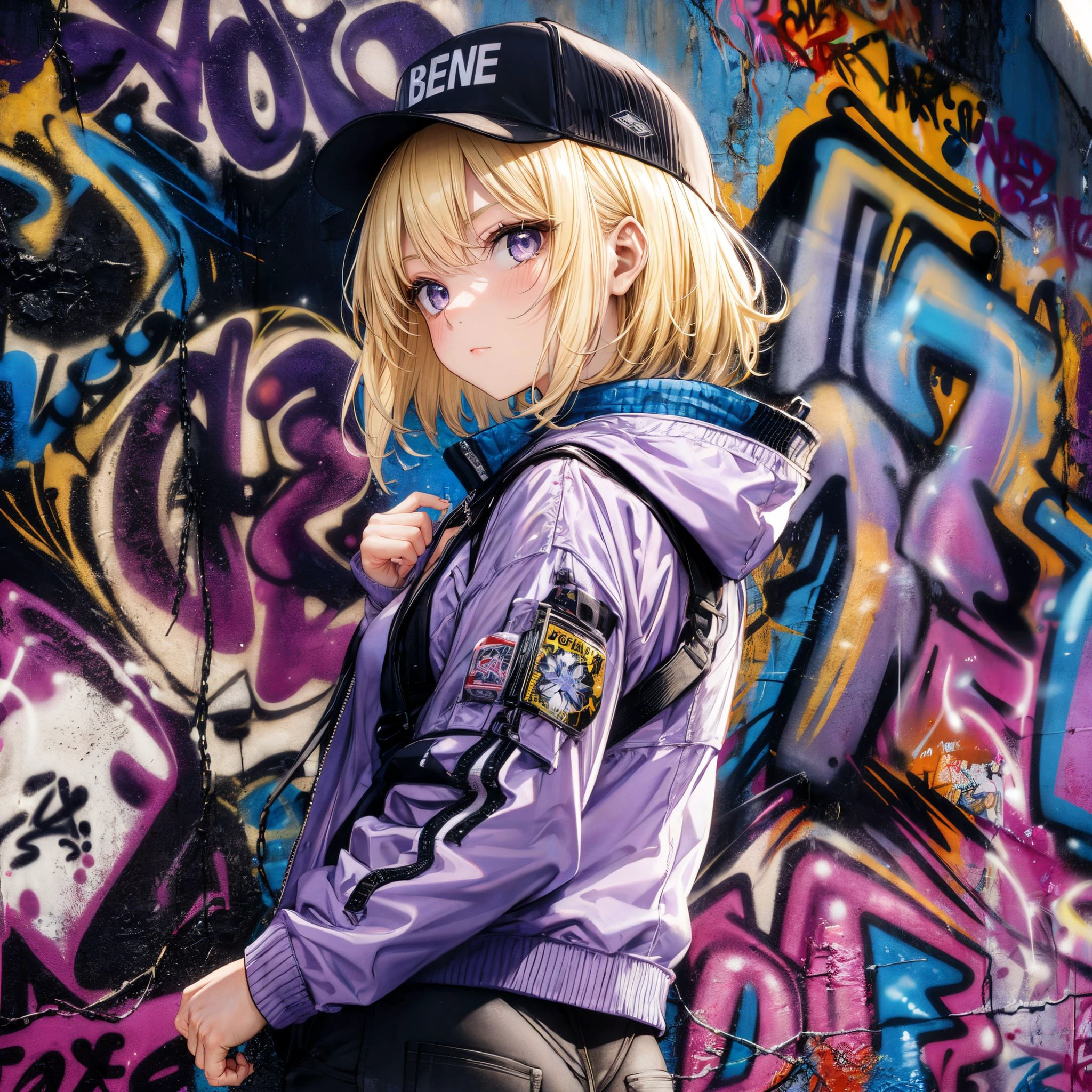 masterpiece, best quality, ultra-detailed, super fine illustration, detailed light, an extremely delicate and beautiful, highres, original, solo girl, Breathtaking cute girl, highly detailed beautiful face and eyes
BREAK
(purple eyes:1.2), (gradient blonde hair:1.2), ombre hair, short hair, knife, hiphop cap, street fashion, chain accesory, short pants, jacket
BREAK
closed mouth, (serious:1.2)
from back, (from behind:1.2), professional lighting, ray tracing
(looking back:1.1), pocket in hand
BREAK
super moon,starry sky,night,street art, wall art, murals, (graffiti:1.3)
BREAK
BREAK
BREAK
<lora:flat2:1:1:lbw=1, 0, -0.2, -0.6, 0, 0, -0.2, -0.2, -0.6, -0.2, -0.6, -0.6, -0.6, -0.2, -0.2, -0.2, -0.2 >