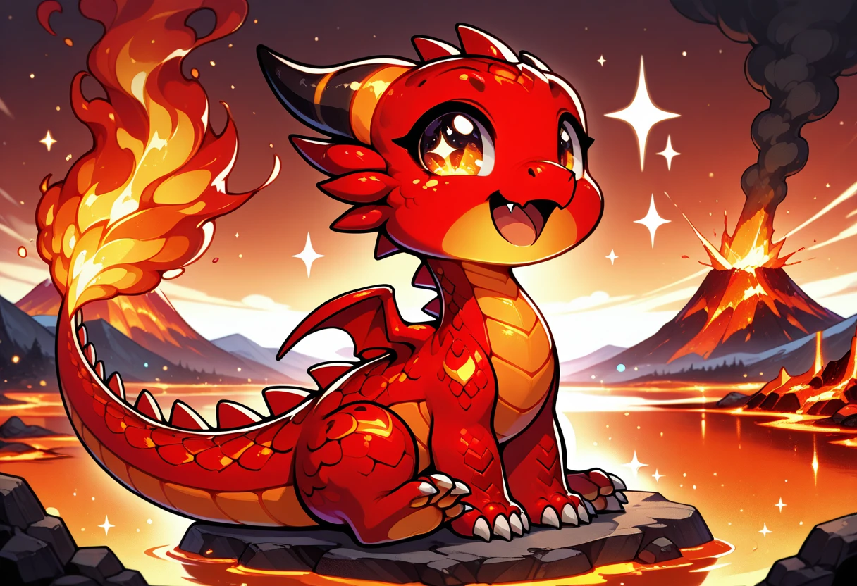 (masterpiece),(best quality),(ultra-detailed),very aesthetic,absurdres,  newest,scenery,
<lora:Chibi_Dragon_Illustrious:1>, ch1b1_dr4g0n, red dragon, red scales, orange underbelly, breathing fire, claws, fang, open mouth, looking at viewer, sitting
volcano, lava, smoke
bloom, bokeh, (sparkle:1.3),
(masterpiece),(best quality),(ultra-detailed),very aesthetic,absurdres,  newest,scenery