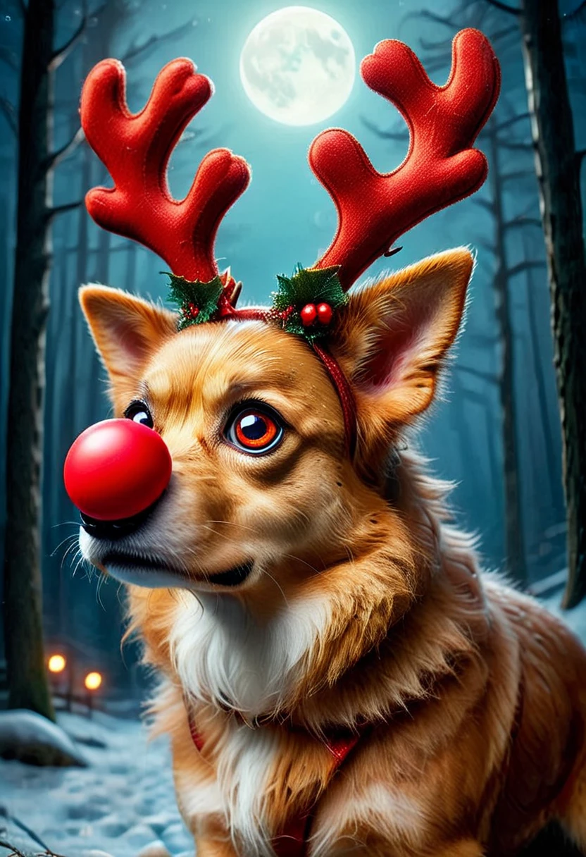 RUD0LPH1, medium full shot of a cute dog, antlers, glowing red plastic nose, big eyes, set in a forest at night, under the moonlight, christmas, , realistic, raw photo, intricated details, dynamic, best quality