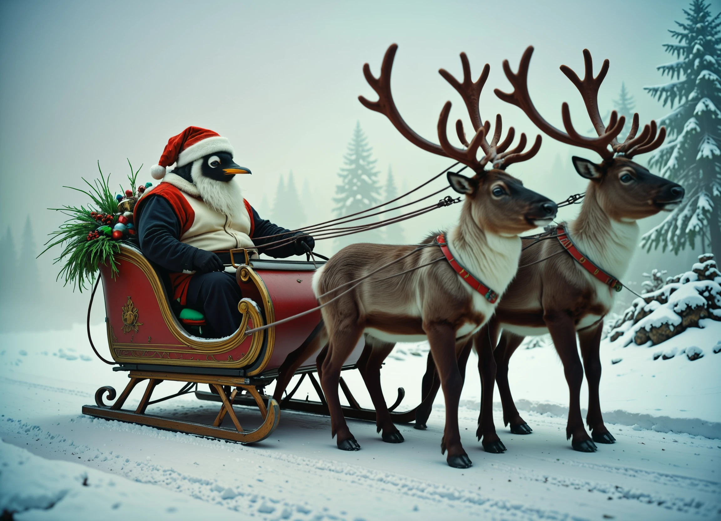 <lora:Santa_Penguin_SDXL:1> s4nt4p3ngu1n, sitting in a sleigh being pulled by reindeer
