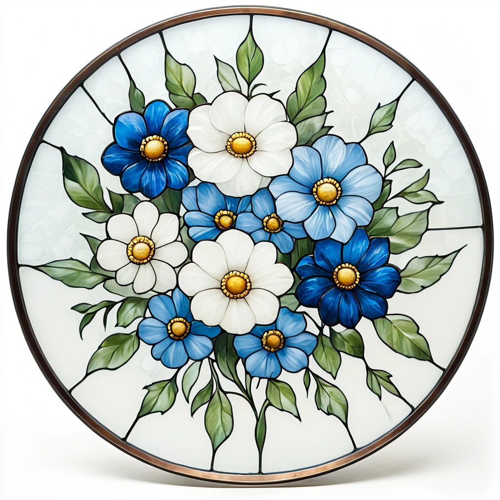 <lora:ArtNouveau2SDXL:1> ArsMJStyle, art nouveau,, The image shows a round stained glass plate with a painting of blue and white flowers and leaves on a white background., no humans, flower, still life, blue flower, white background, simple background, leaf, white flower