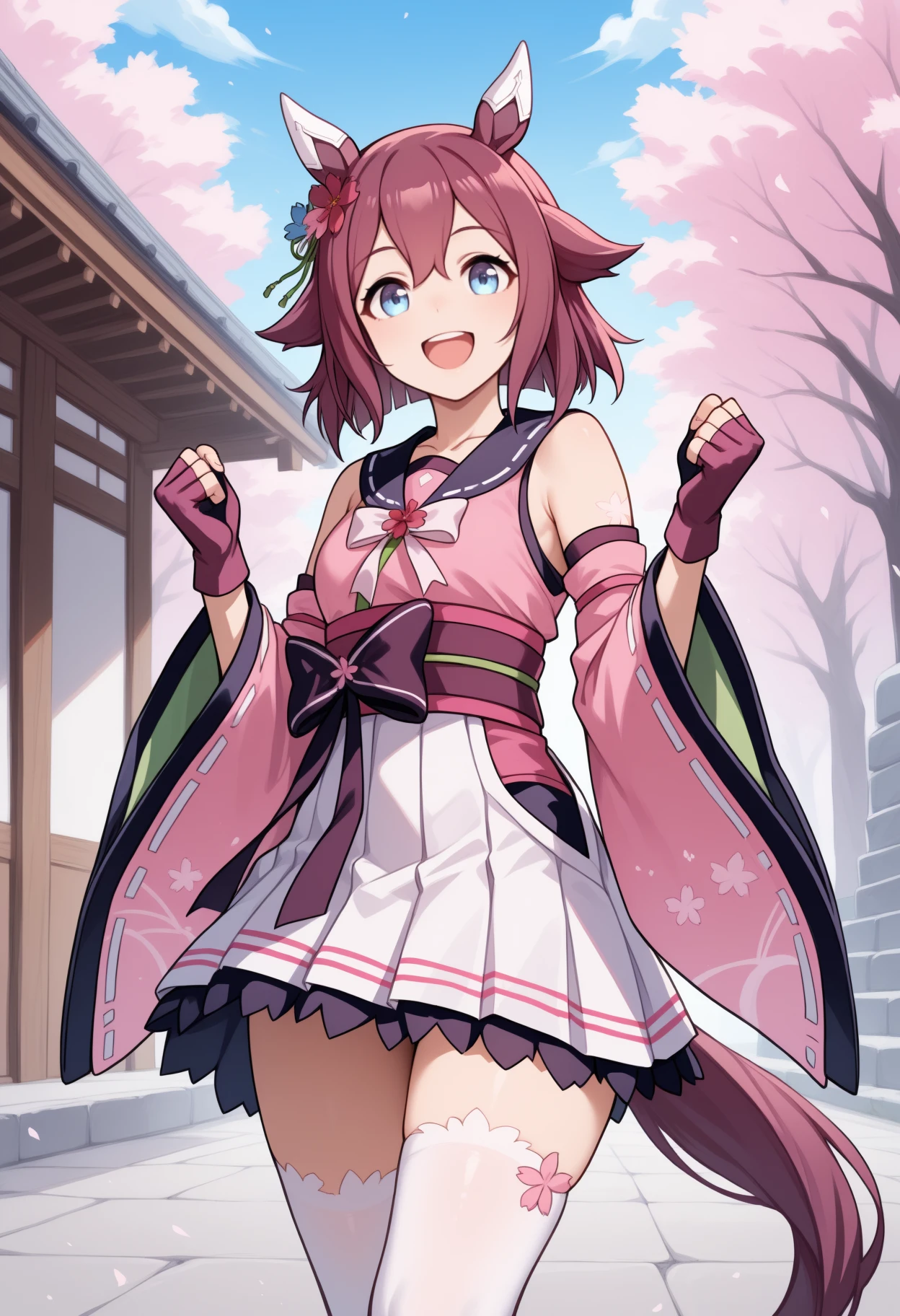 masterpiece, best quality, <break> solo, 1girl, schyndef, horse tail, :d, upper teeth only, looking at viewer, standing, hands up, clenched hands, medium hair, pink hair, hair flaps, hair flower, animal ears, blue eyes, japanese clothes, pink kimono, sailor collar, sash, obi, pink sleeves, detached sleeves, wide sleeves, black gloves, fingerless gloves, white skirt, pleated skirt, hip vent, white thighhighs, bare shoulders, collarbone, outdoors, blue sky, cloud, east asian architecture, cherry blossoms
<segment:yolo-Anzhc Face seg 640 v2 y8n.pt,0.4,0.5//cid=1>