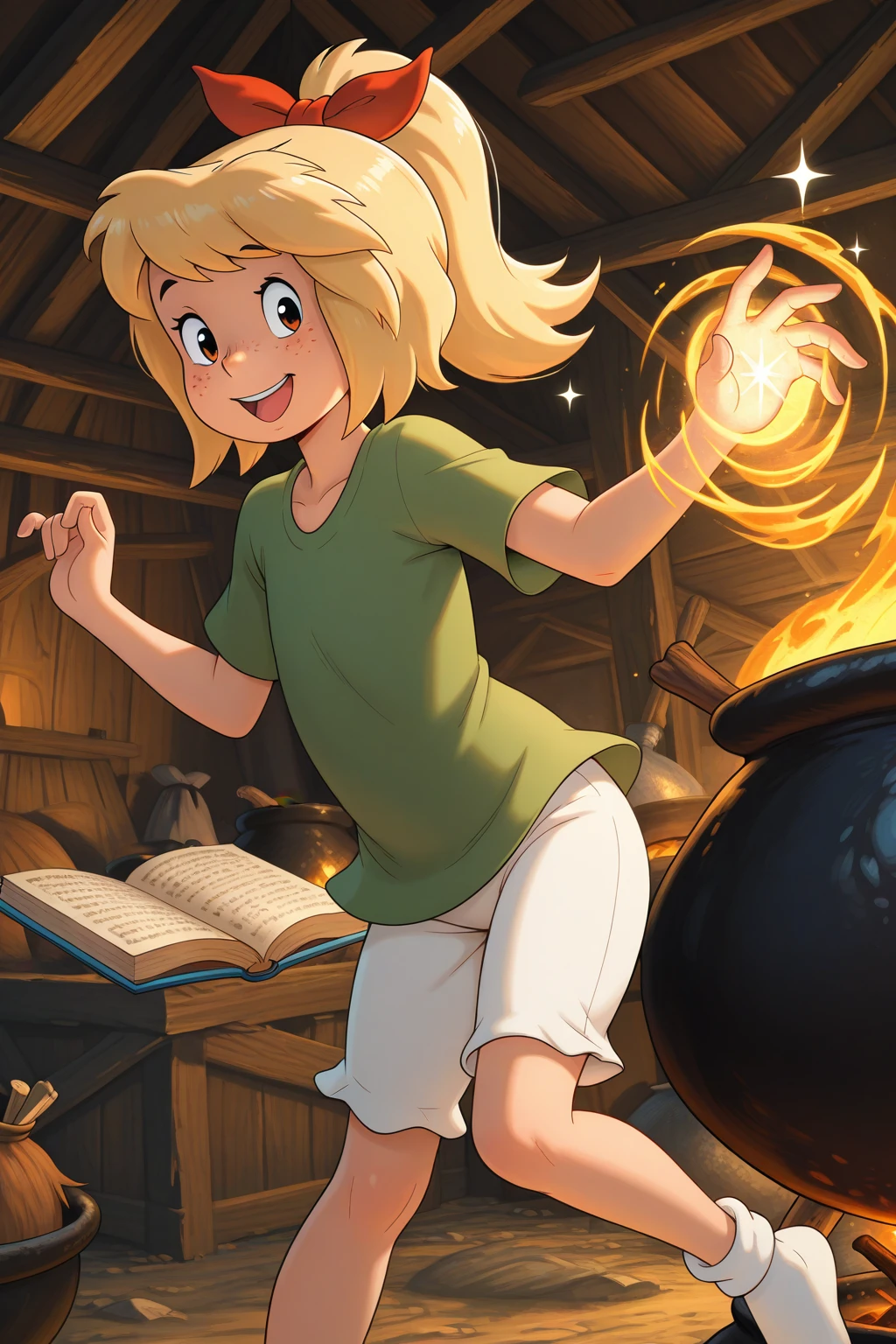 masterpiece, best quality, amazing quality, absurdres, solo, bibi blocksberg, smile, open mouth, happy, blonde hair, red ribbon, freckles, high ponytail, green shirt, white shorts, white socks, inside, hut, cauldron, boiling, casting spell, sparkle, big book