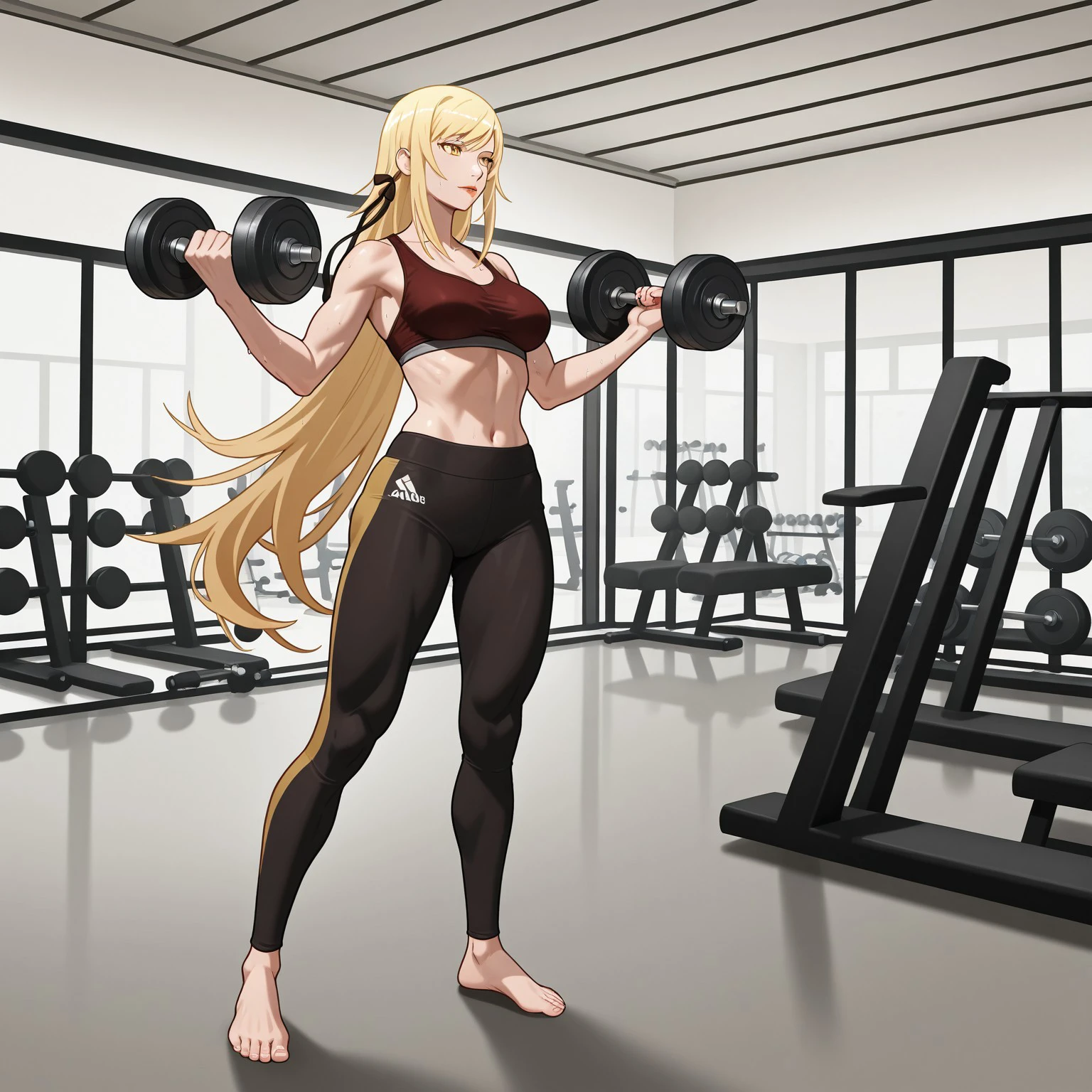 safe_pos, kiss-shot_acerola-orion_heart-under-blade, yellow eyes, long hair, blonde, full body, gym, exercise, lifting weights, sports bra, yoga pants