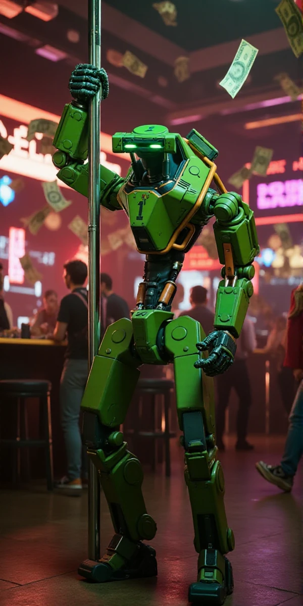 <lora:X4N:0.9> x4n,  a green robot, full body, is poledancing in a stripclub. Moneybills are flying.