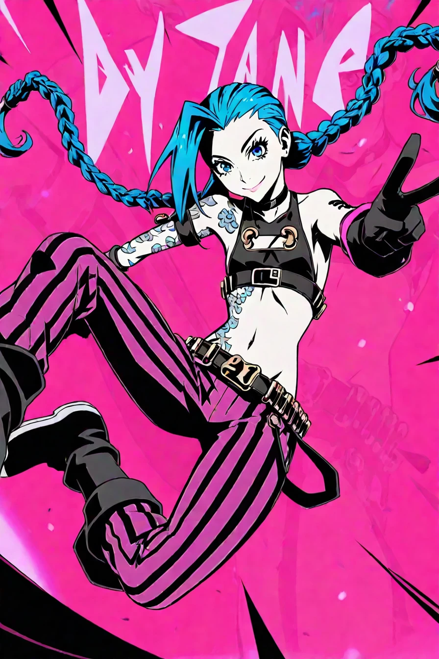 <lora:JinxPDXL:0.6>, jinx, blue hair, pale skin, choker, smile, blue eyes, long blue twin pigtails, tattoo,crop top, sleeve, armbands, purple striped pants, gloves, belt, 1girl, solo, alone, <lora:dynamic_anime_art_illustriousXL:0.7>, dynamic_anime_art,  masterpiece, highres