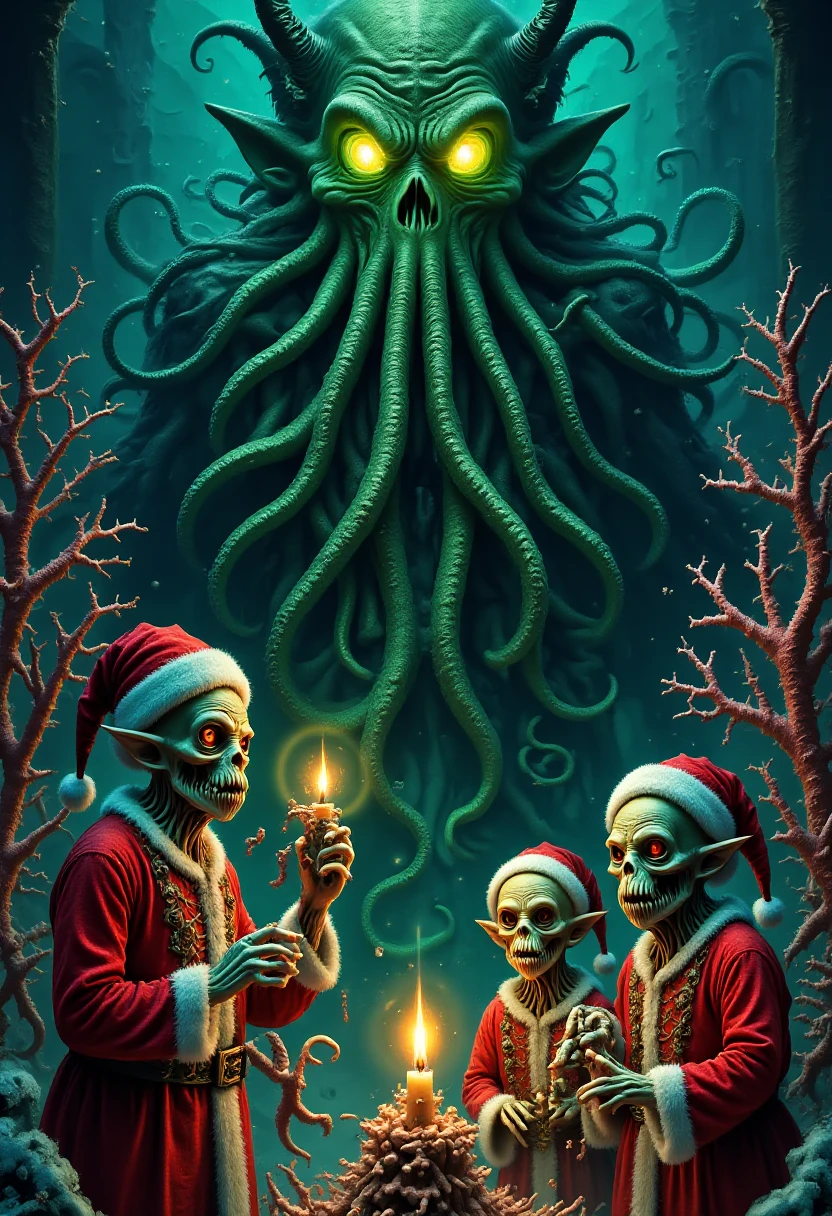 CthulhuChristmas A horrifying reimagining of Santa's workshop as an underwater cathedral, where Deep Ones dressed as elves build toys from bones and coral. Their grotesque creations move on their own, whispering eldritch secrets, while Cthulhu Claus looms in the background, observing with glowing, unblinking eyes. Style: deep-sea horror with bioluminescent details and an overwhelming sense of foreboding.