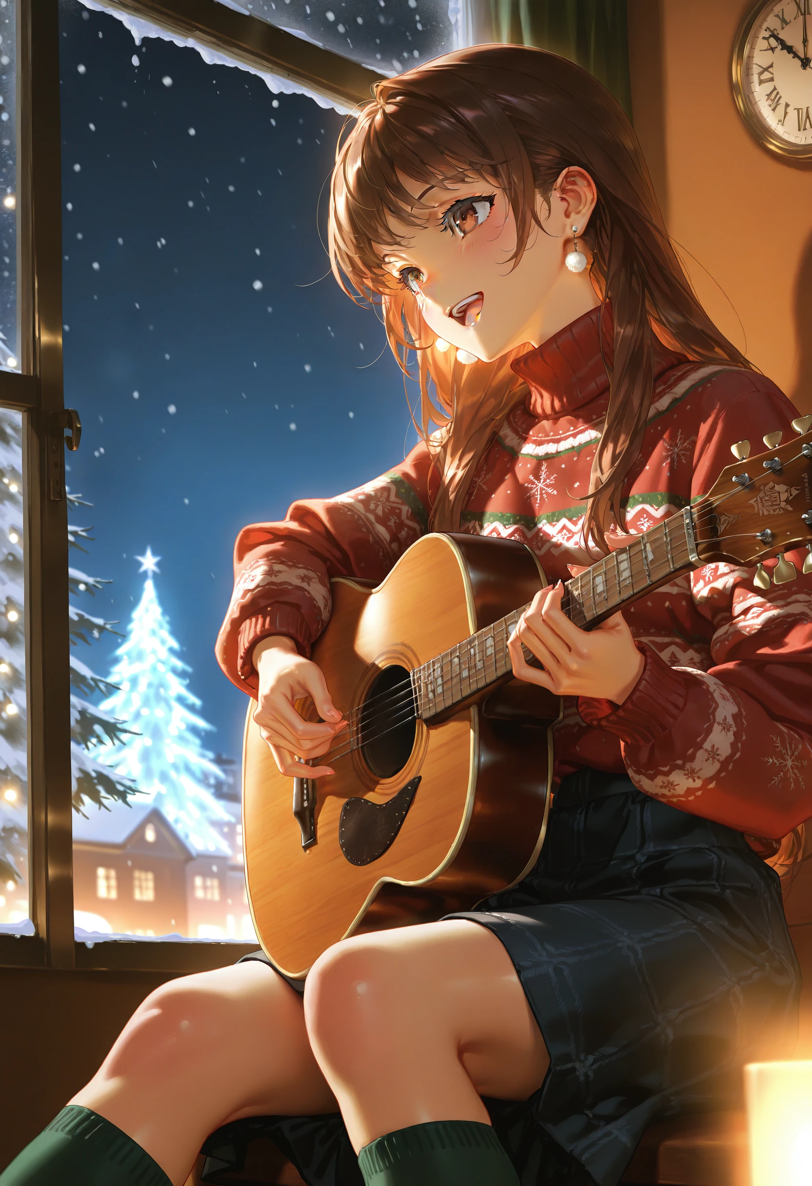 by [lack|fuzichoco|lam|kinta \(distortion\)|wlop|quasarcake|nixeu|happoubi jin|miyajima reiji],
1girl, brown hair, skirt, long hair, sitting, brown eyes, christmas tree, christmas sweater, red sweater, turtleneck sweater, window, holding instrument, playing instrument, open mouth, smile, solo, long sleeves, merry christmas, acoustic guitar, indoors, night, snowing, earrings, upper teeth only, pine tree, clock, kneehighs, building,
impasto, vignetting, chiaroscuro, masterpiece, best quality, very aesthetic, absurdres
<lora:illustrious_christmas_collection_v2:1>