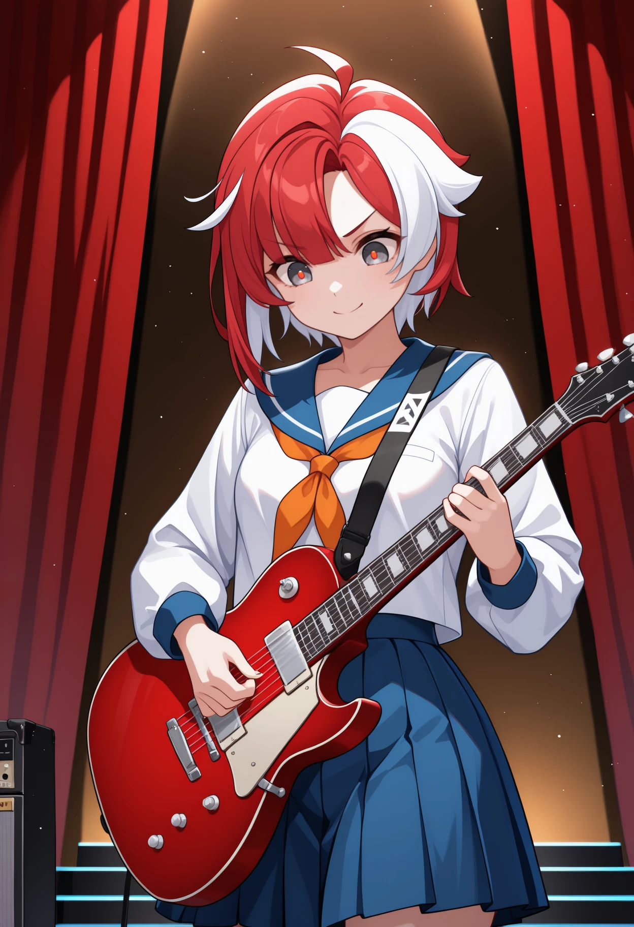 masterpiece, best quality, solo, 1girl, e1ka, smile, looking down, standing, holding guitar, playing instrument, electric guitar, short hair, streaked hair, red hair, white hair, ahoge, grey eyes, red pupils, v-shaped eyebrows, serafuku, white shirt, blue sailor collar, orange neckerchief, long sleeves, blue skirt, pleated skirt, stage, curtains, spotlight, light particles
<segment:yolo-Anzhc Face seg 640 v2 y8n.pt,0.4,0.5//cid=1>