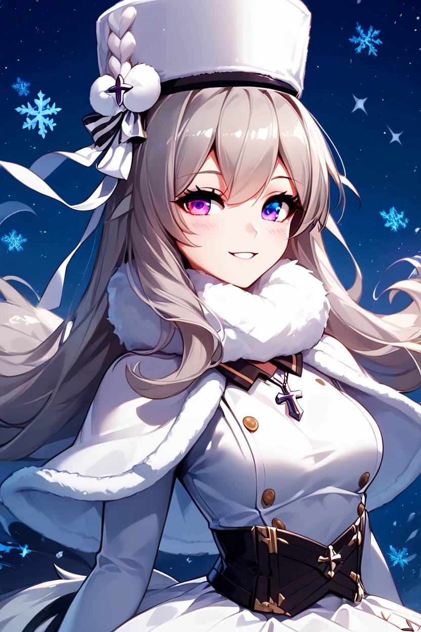 score_9, score_8_up, score_8, medium breasts, (curvy), cute, eyelashes, ,,, , ,,, zzMurmansk, long hair, purple eyes, heterochromia, blue eyes, bangs, grey hair, hat, white headwear, cross necklace, fur-trimmed dress, white dress, papakha, black pantyhose, long sleeves, black belt, white coat, capelet, winter coat, <lora:Murmansk_Azurlane_PDXL:1.0>, ,,,, BREAK, ,,, upper body, smile, looking at viewer, ,,, shiny skin, <lora:ProAnime_PDXL_v1:0.8>, night, soft shadows, moonlight reflecting off skin, whisper of wind, ,,, embedding:zPDXL, Expressiveh, <lora:SDXLFaeTastic2400:0.5>, <lora:Expressive_H-000001:0.4>,
