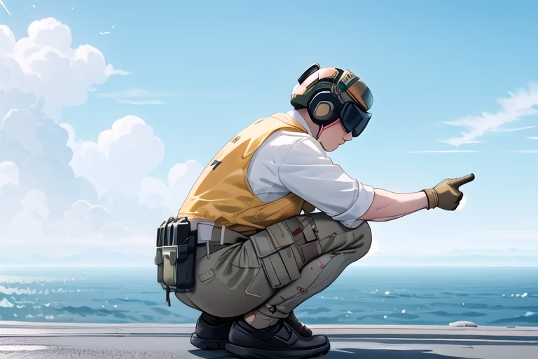 ((male focus)), ((helmet)), ((goggles)), aircraft carrier, catapult officer, pointing forward, 1boy, one knee, kneeling, pants, vest, gloves, short hair, leaning forward, ship deck, control tower, from side, cloudy sky, sky, dust, scenery, wide shot, no humans, motion blur, simple background, <lora:girllikeaircraftcarrier_male:0.7>