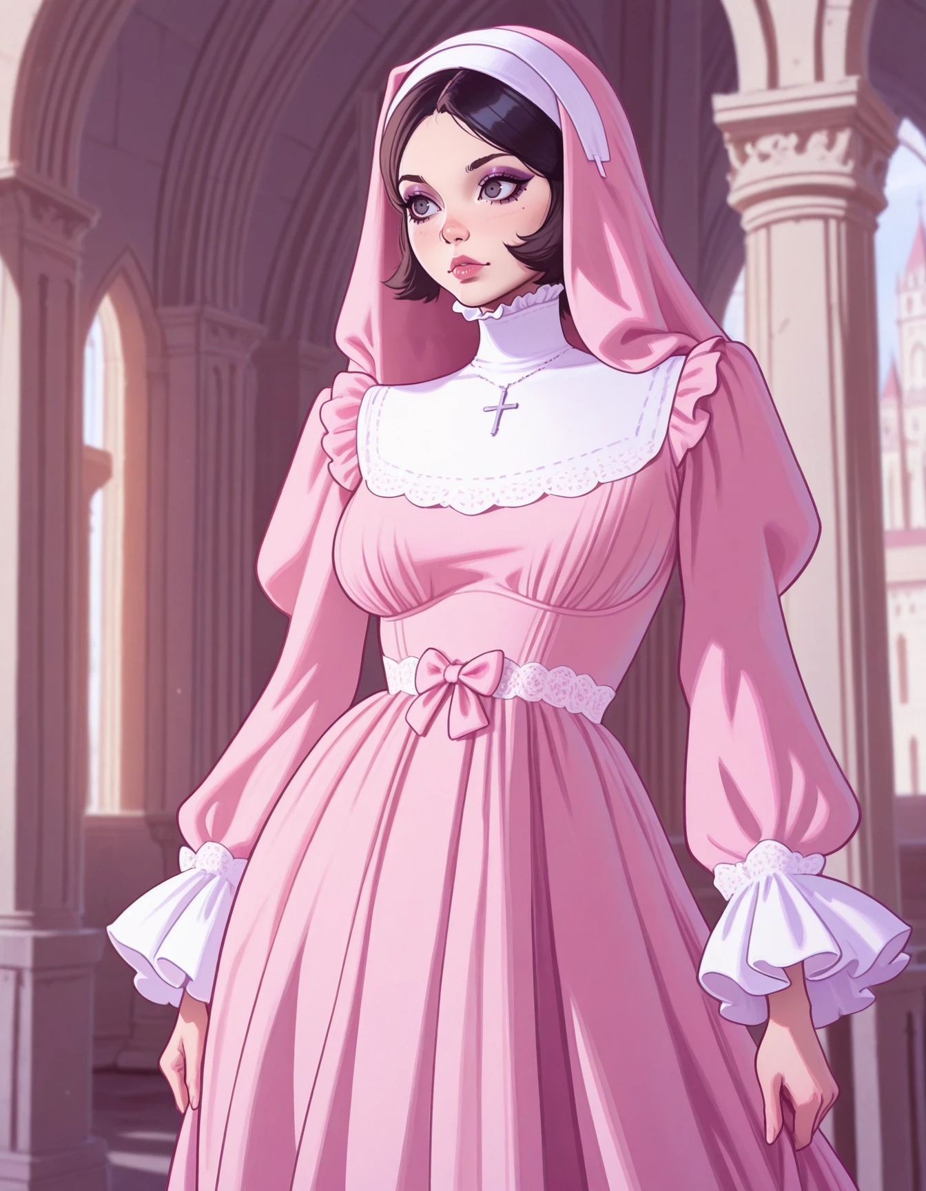 1girl, solo,  ilya kuvshinov,   mature female, eyeliner, cathedral, nun,  <lora:Outfit_soph-CottageCoreCouture-ILXL:0.8>  c0tt4g3, bows, lace trim, lace, frills, pink dress  pastel fashion