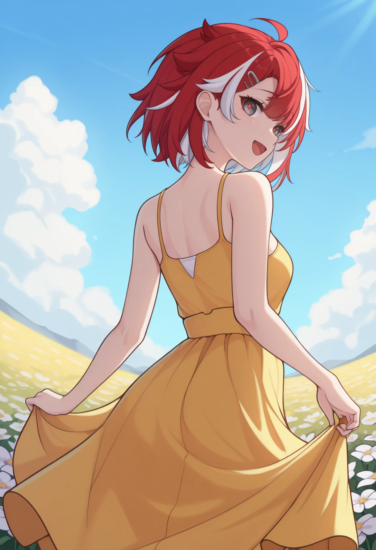 masterpiece, best quality, from behind, solo, 1girl, e1ka, :d, looking back, skirt hold, short hair, streaked hair, red hair, white hair, ahoge, hairclip, grey eyes, red pupils, yellow sundress, bare shoulders, outdoors, blue sky, cloud, flower field, sunlight
<segment:yolo-Anzhc Face seg 640 v2 y8n.pt,0.4,0.5//cid=1>