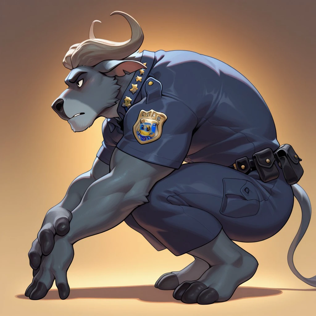 masterpiece, best quality, amazing quality, solo, 1boy,  null-ghost, Bogo, bara, police uniform, side view, on hands and knees, 