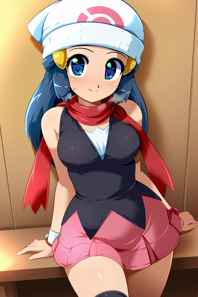 masterpiece, best quality, BREAK, zzDawn, blue hair, blue eyes, sidelocks, long hair, bare shoulders, beanie, black shirt, black socks, bracelet, hat, jewelry, kneehighs, miniskirt, pink skirt, red scarf, scarf, shirt, skirt, sleeveless, sleeveless shirt, white headwear, <lora:DawnPokemonIXL_e07:1.0> smile, looking at viewer, cowboy shot,    <lora:KonpetoIXL:1.0>, Konpeto,