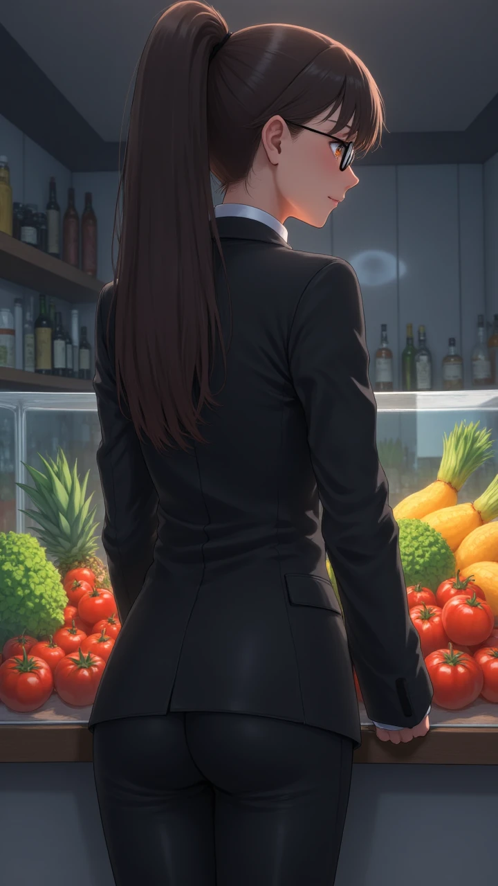 anime minimalist style, A woman with long, flowing hair and a bright smile stands in front of a large glass table filled with colorful fruits and vegetables. She wears a sleek black suit and sunglasses, Bathed in shadows, Horror, side lit, simple, clean, uncluttered, modern, elegant, aidmaIllustriousStyle