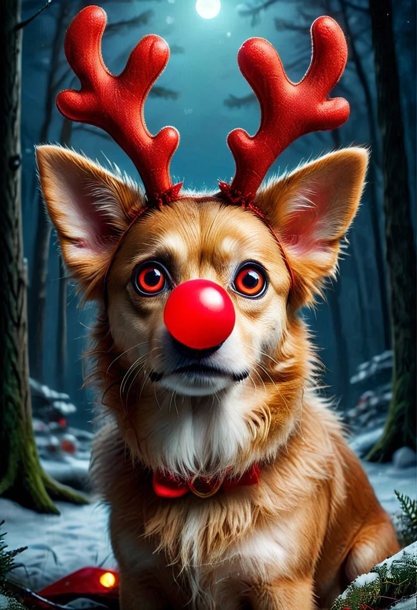 RUD0LPH1, medium full shot of a cute dog, antlers, glowing red plastic nose, big eyes, set in a forest at night, under the moonlight, christmas, , realistic, raw photo, intricated details, dynamic, best quality