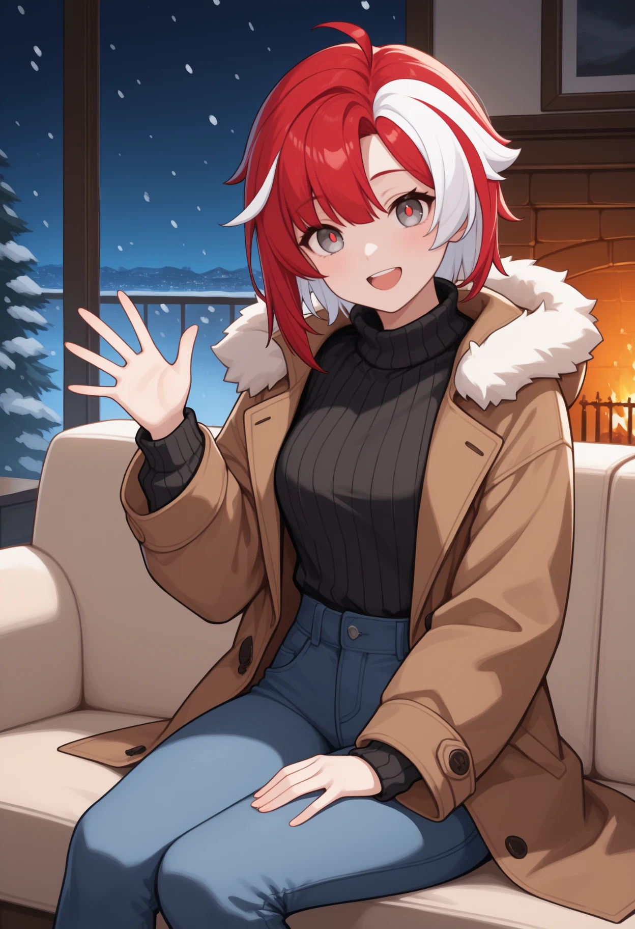 masterpiece, best quality, solo, 1girl, e1ka, :d, teeth, looking at viewer, sitting, on couch, waving, hand on own thigh, short hair, streaked hair, red hair, white hair, ahoge, grey eyes, red pupils, brown coat, fur-trimmed hood, open coat, long sleeves, black sweater, ribbed sweater, turtleneck, jeans, indoors, living room, night, snowing, fireplace
<segment:yolo-Anzhc Face seg 640 v2 y8n.pt,0.4,0.5//cid=1>