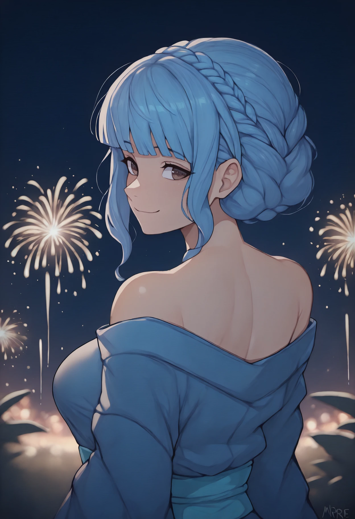 anime, masterpiece, best quality, from behind, solo, 1girl, mrnedef, smile, looking back, short hair, blue hair, sidelocks, blunt bangs, crown braid, brown eyes, japanese clothes, blue kimono, off shoulder, aqua sash, bare shoulders, outdoors, night, fireworks
<segment:yolo-Anzhc Face seg 640 v2 y8n.pt,0.4,0.5//cid=1>