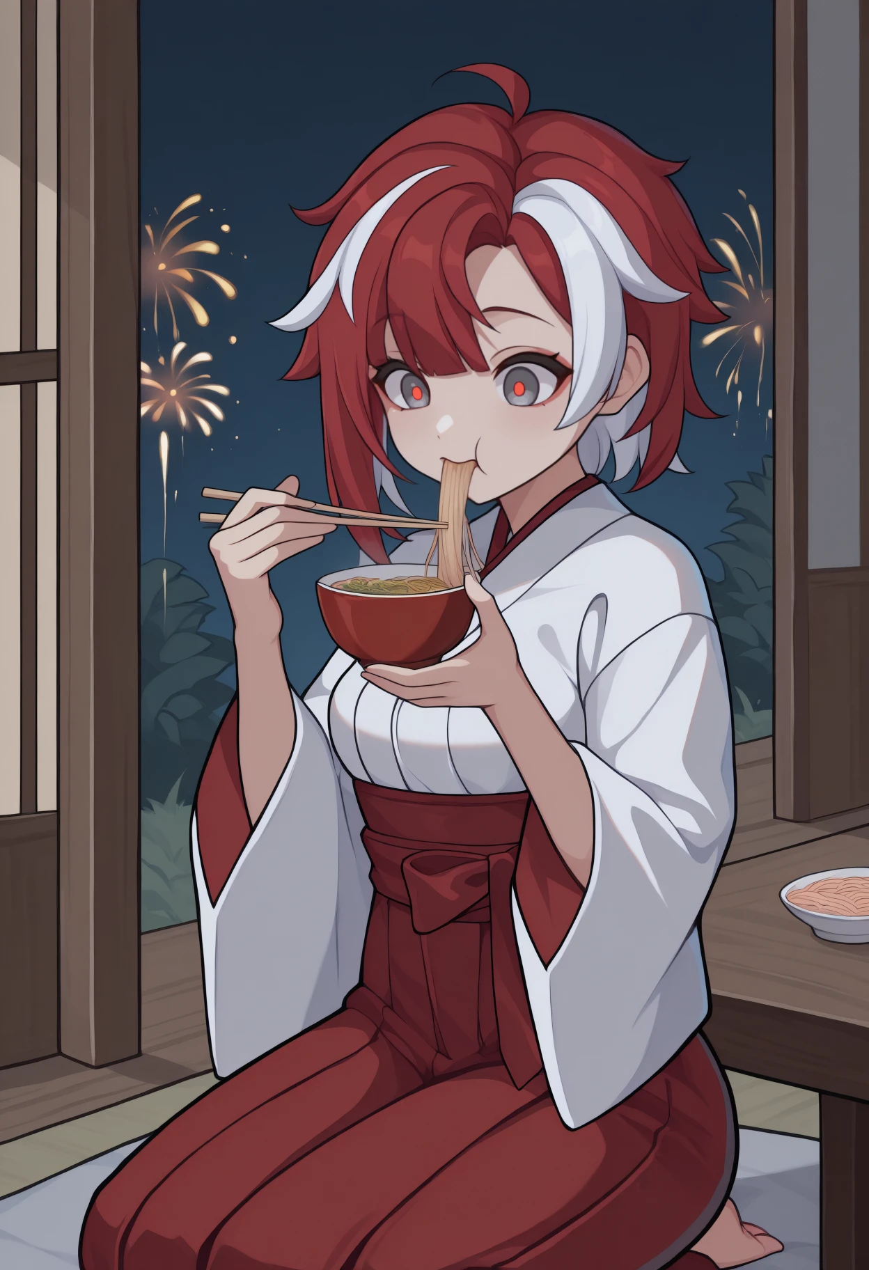 anime, masterpiece, best quality, solo, 1girl, e1ka, seiza, eating, holding bowl, ramen, holding chopsticks, short hair, streaked hair, red hair, white hair, ahoge, grey eyes, red pupils, japanese clothes, white kimono, wide sleeves, red hakama, hakama skirt, east asian architecture, table, night, fireworks
<segment:yolo-Anzhc Face seg 640 v2 y8n.pt,0.4,0.5//cid=1>