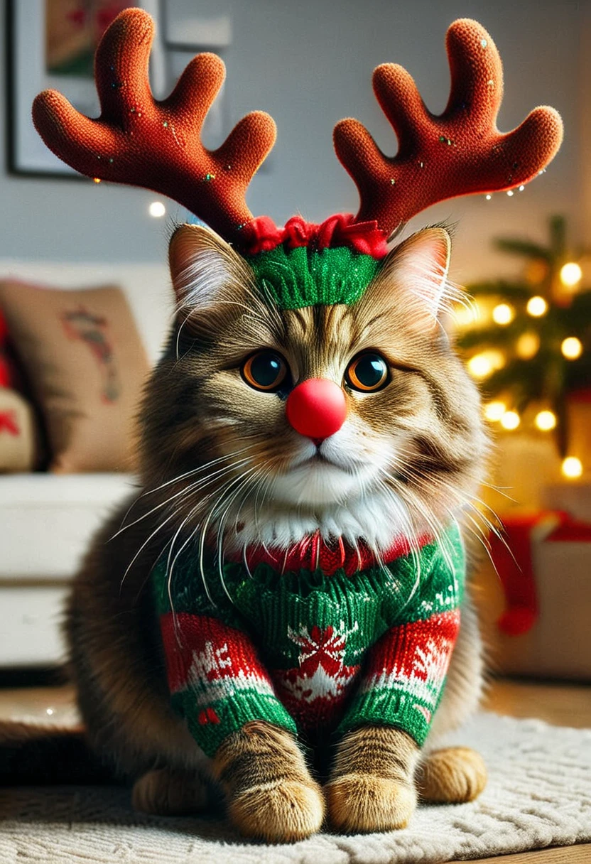 RUD0LPH1, medium full shot of a cat RUD0LPH1, antlers, glowing plastic nose, wearing a ChristmasSweater
set in a living room, christmas tree, , realistic, raw photo, masterpiece, dynamic, best quality