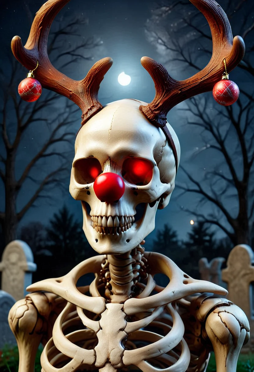 RUD0LPH1, medium full shot of a skeleton, antlers, glowing red plastic nose, set in a cemetery at night, under the moonlight, christmas, , realistic, raw photo, intricated details, dynamic, best quality