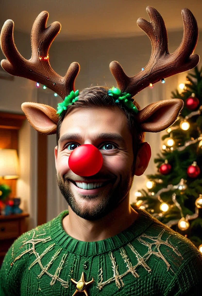 RUD0LPH1, medium full shot of a man RUD0LPH1, antlers, glowing (plastic nose), smiling, set in a living room, christmas tree, , realistic, raw photo, masterpiece, dynamic, best quality