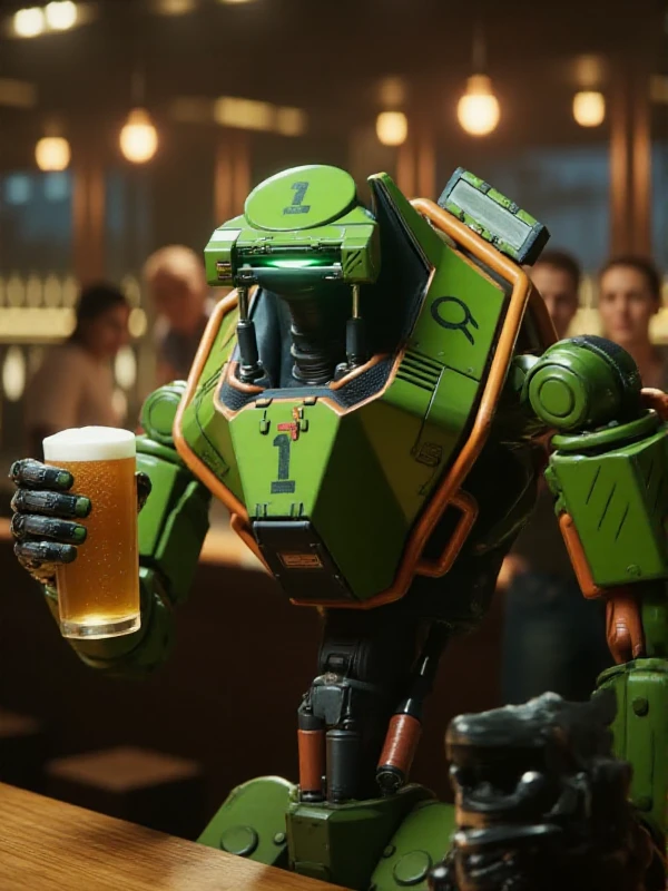 <lora:X4N:0.9> x4n,  a green robot hold a beer in a space pub