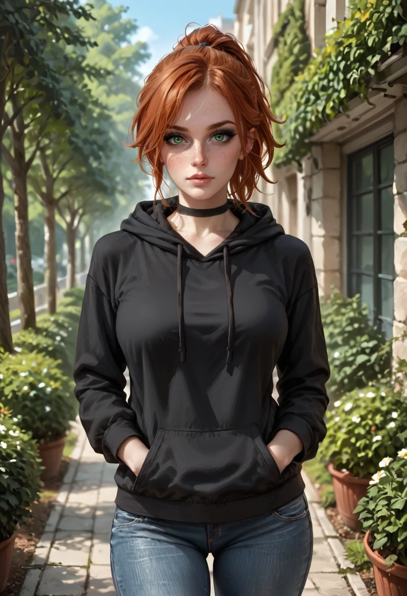 safe_pos, PonyScores7 BREAK [white|Asian], [Susan|Laura|Jane|Nadine], 1girl, 30 year old, fit, woman, short auburn ponytail, freckles, green eyes, black eyeliner, philtrum, beautiful eyelashes, (saggy), medium breasts BREAK walking BREAK relaxed, Expressiveh BREAK black choker, hoodie, jeans BREAK garden, sundown BREAK photorealistic, realistic, portrait, intricate details, detailed face, detailed eyes, realistic skin, detailed hair, natural lighting BREAK CalmFD, Stable_Yogis_PDXL_Positives, <lora:abs slider_last:0.1>, <lora:breasts_size_slider_pdxl_goofy:1>, <lora:Calmlike_V3:1>, <lora:Expressive_H:0.75>, <lora:Super_Multi_Detailer_By_Stable_Yogi_A1:0.8>, <lora:Super_Skin_Detailer_By_Stable_Yogi_PD0_V1:0.8>