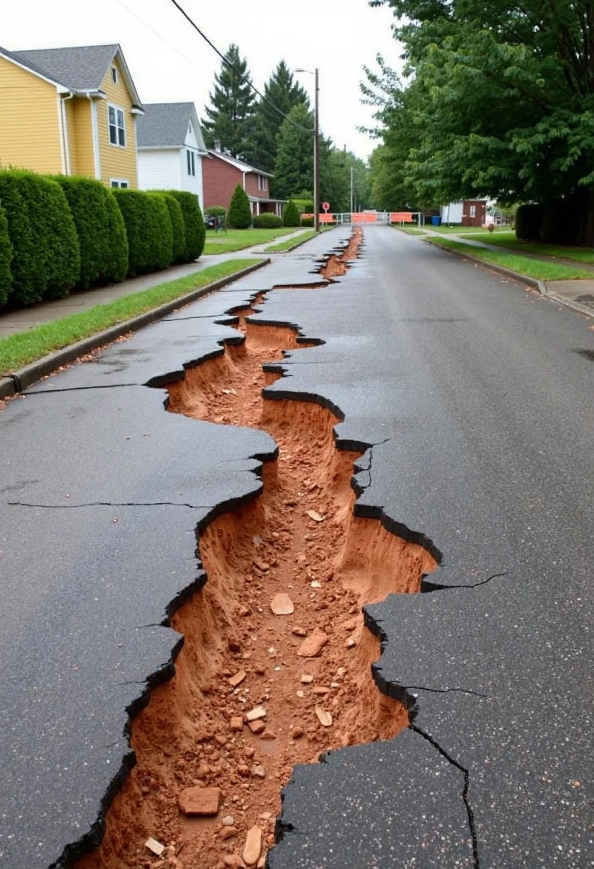 Severely damaged street with large cracks and erosion, fragmented asphalt, reddish-brown soil exposed, residential neighborhood, yellow house on left with green hedge, white house further back, overcast sky, green trees lining street, barricades visible in distance, wet surfaces indicating recent rain, daytime setting, diffused lighting conditions., 