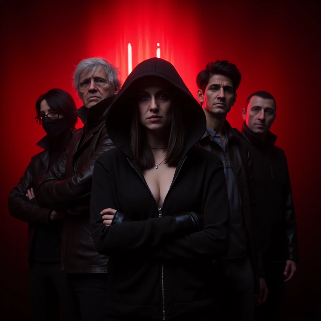 UHD, 4k, ultra detailed, cinematic, a photograph of <lora:3D rendering Love, Death & Robots v1:0.9>
In 3D rendering style, a dark themed image of a group of people standing in front of a red light, 1girl, breasts, short hair, gloves, 1boy, cleavage, jacket, white hair, multiple boys, glasses, hood, 2boys, fingerless gloves, crossed arms, leather, leather jacket, middle finger, LoDe+Robots Style, Love Death + Robots style, Love, Death & Robots style, animated, horror, dark, black, apocalyptic, dystopian, domination, a woman in a hoodie, red light in background, dramatic light, cyberpunk, LoDe+Ro style, looking at viewer, hoodie, face scar, red spotlight, black hair, 2girls, medium breasts, mask, scar, hood up, black gloves, tattoo, hooded jacket, epic, beautiful lighting, inpsiring